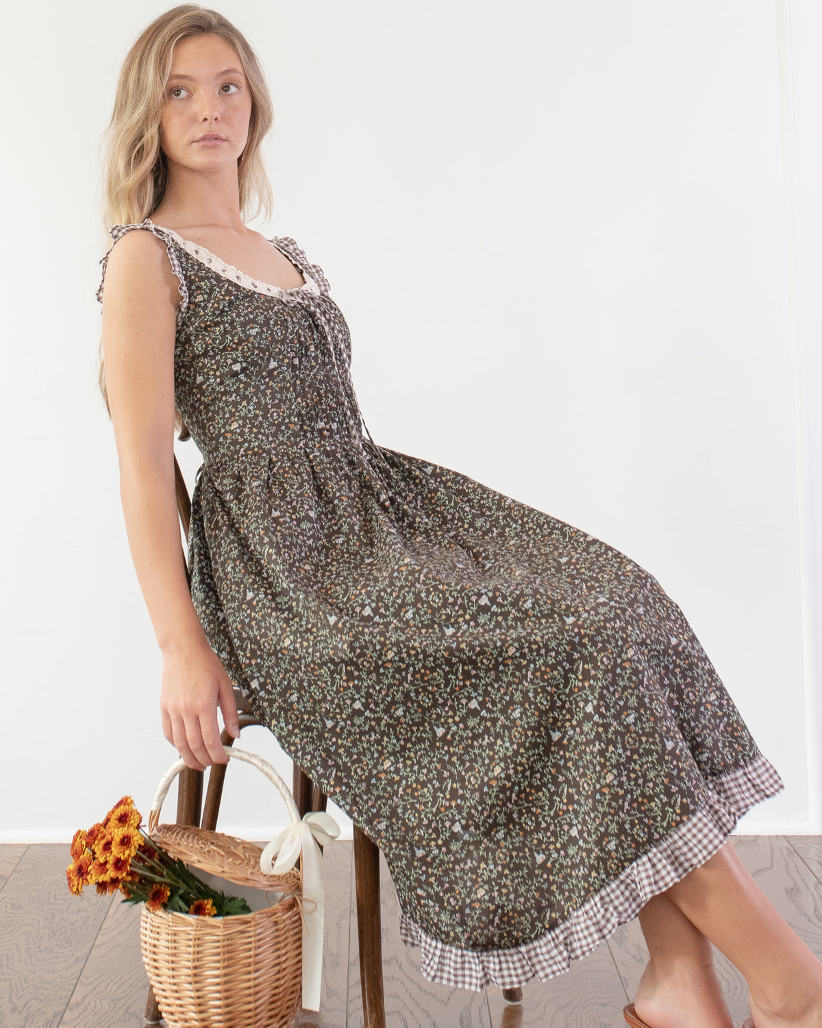 Lace and gingham trim chocolate brown floral dress for fall from Amantine.