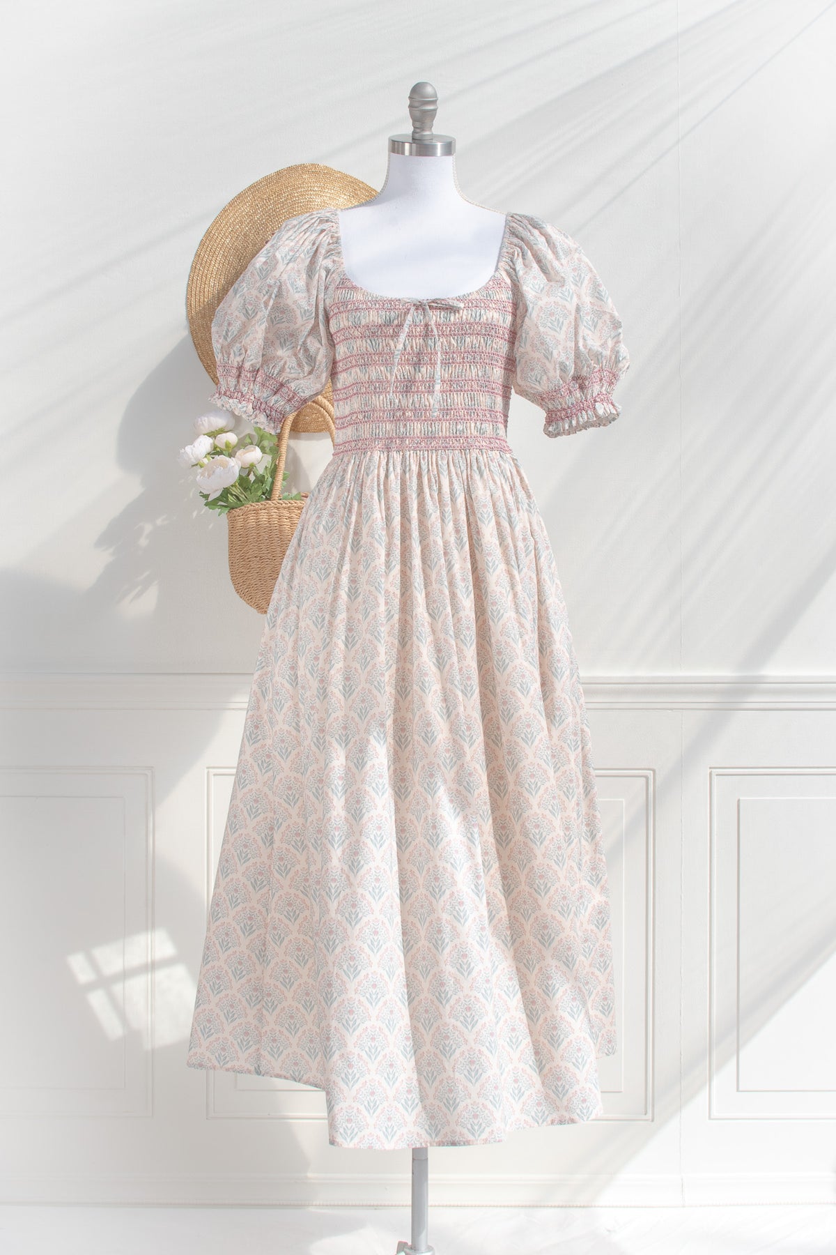 Camille cotton midi dress in blush floral — front view