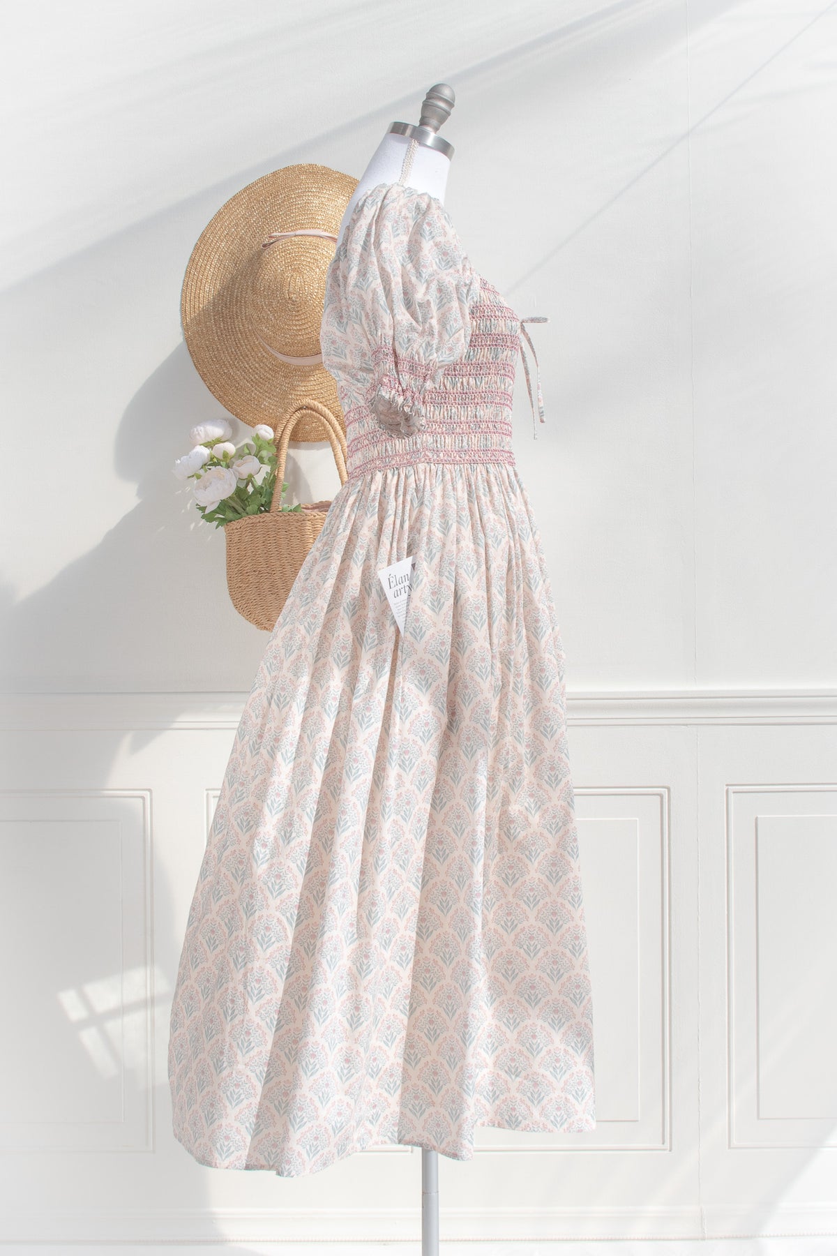 Camille cotton dress — side view with gathered skirt
