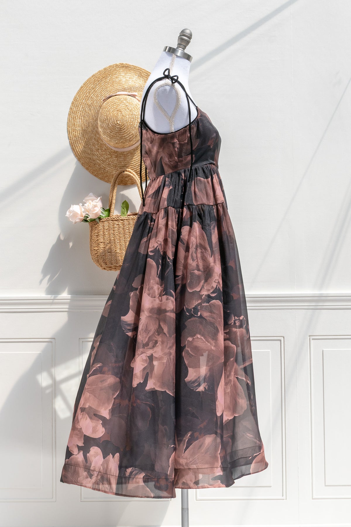 Delaney floral organza dress — side view with sheer overlay and softly structured hem