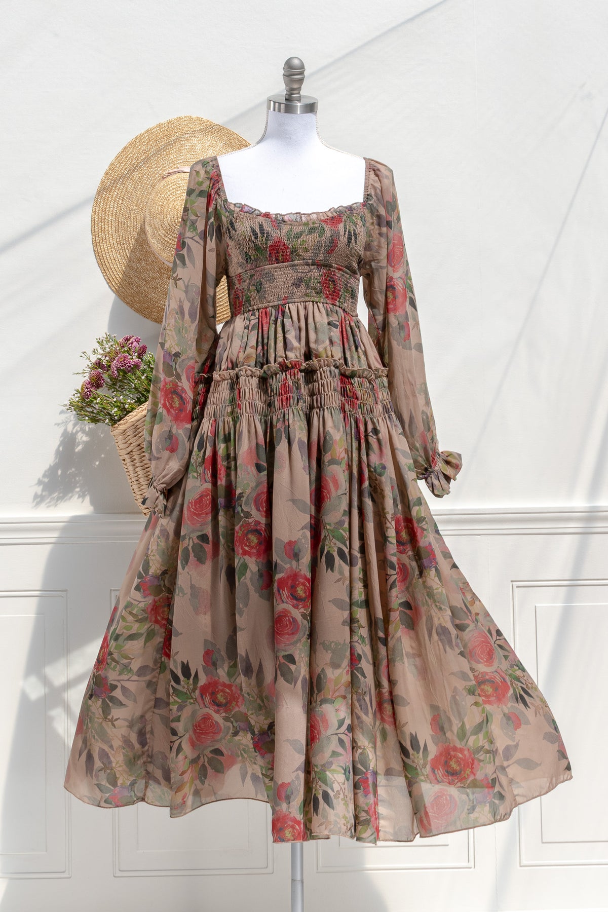Amantine Hazel rose chiffon smocked midi dress with square neckline and sheer long sleeves — front view