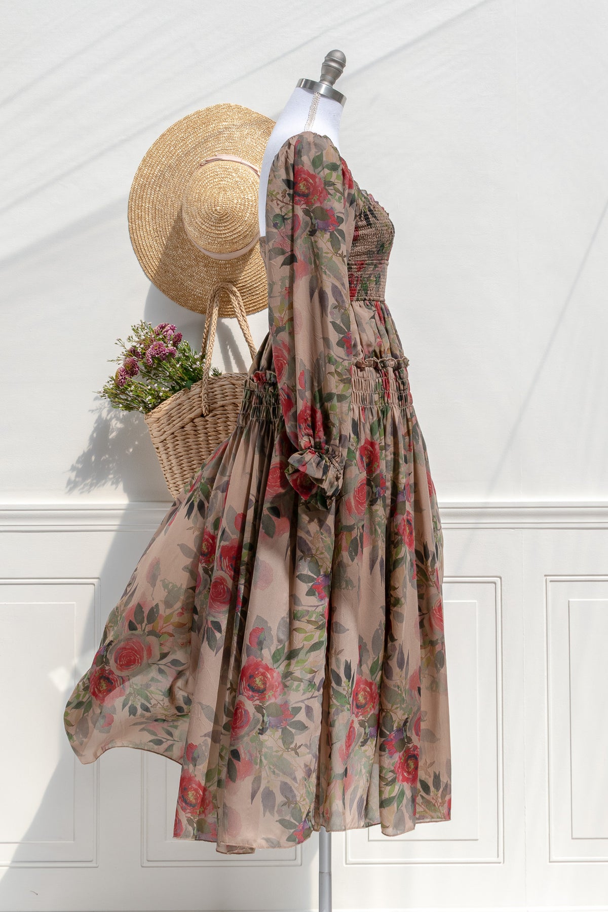 Hazel chiffon midi dress — side view with sheer sleeve and airy A-line skirt