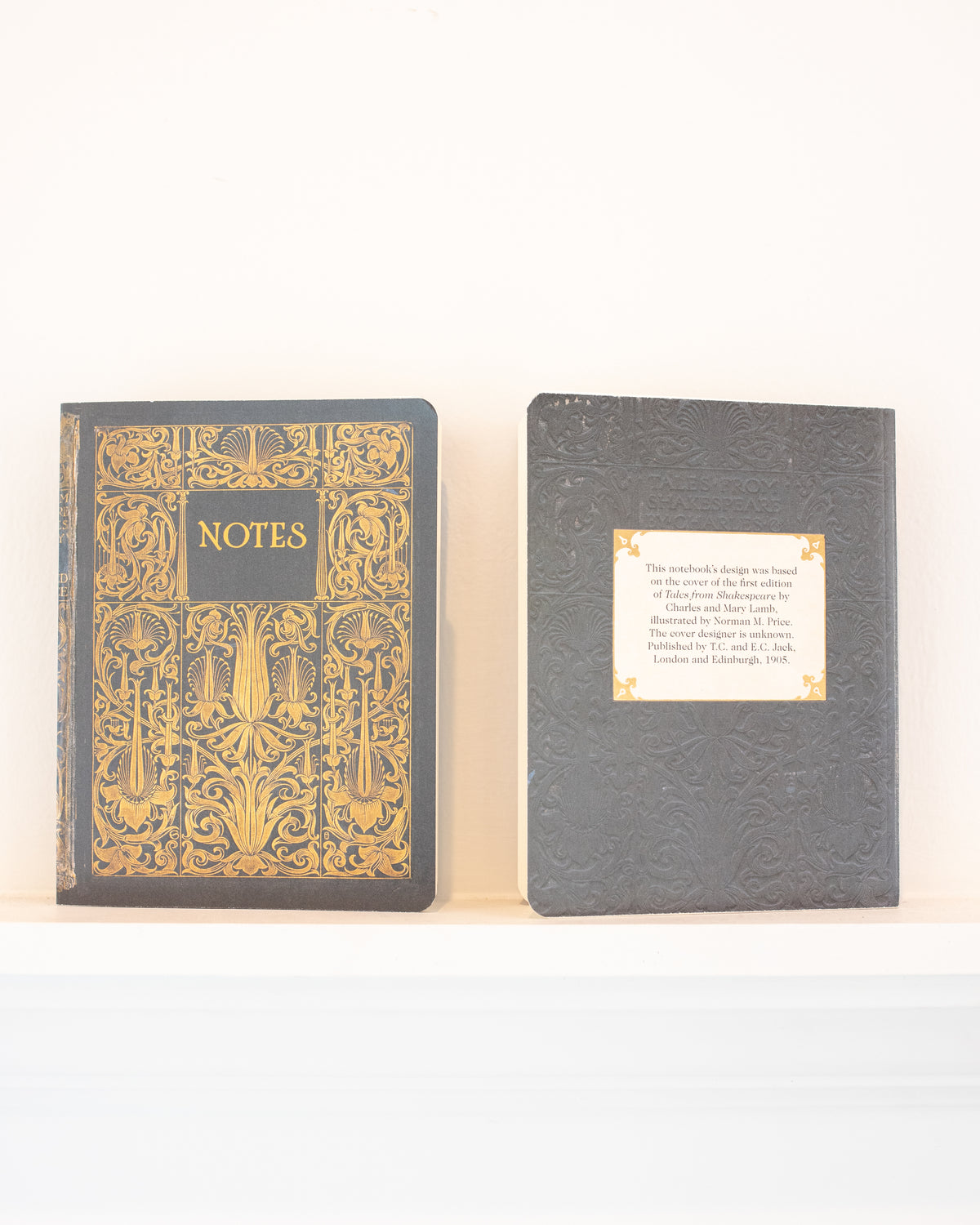 Brown and gold vintage notebook cover beside an embossed back cover with a printed label, front and back view.