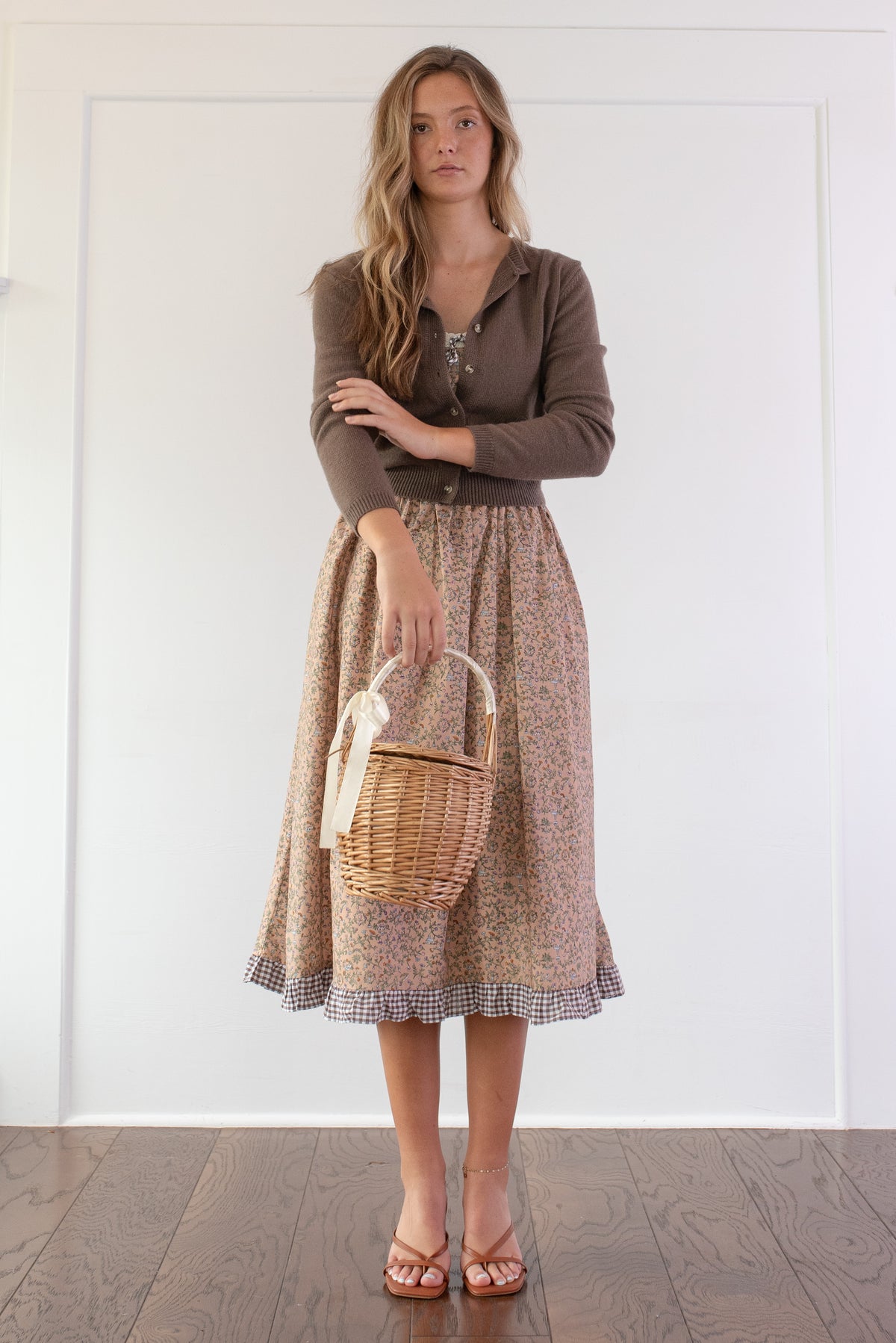 brown cardigan and floral midi dress for fall, french girl style.