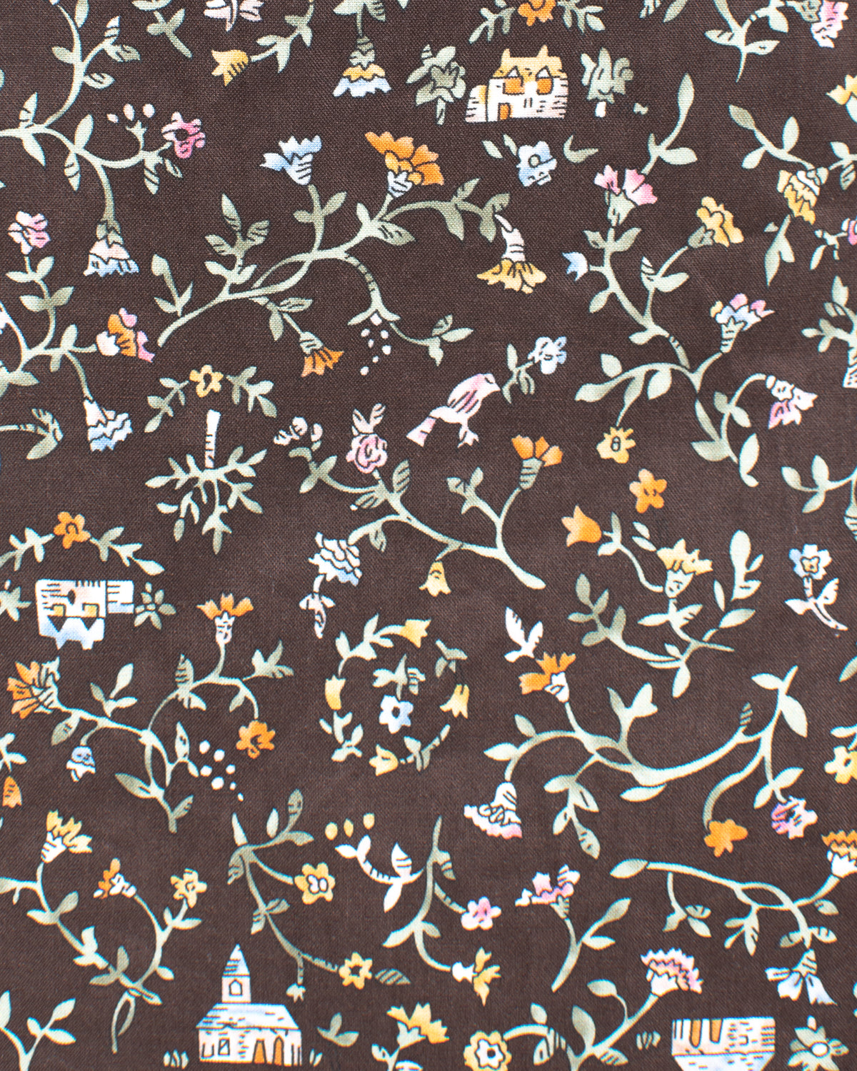 Chocolate brown floral print cotton fabric shown in close flat detail.