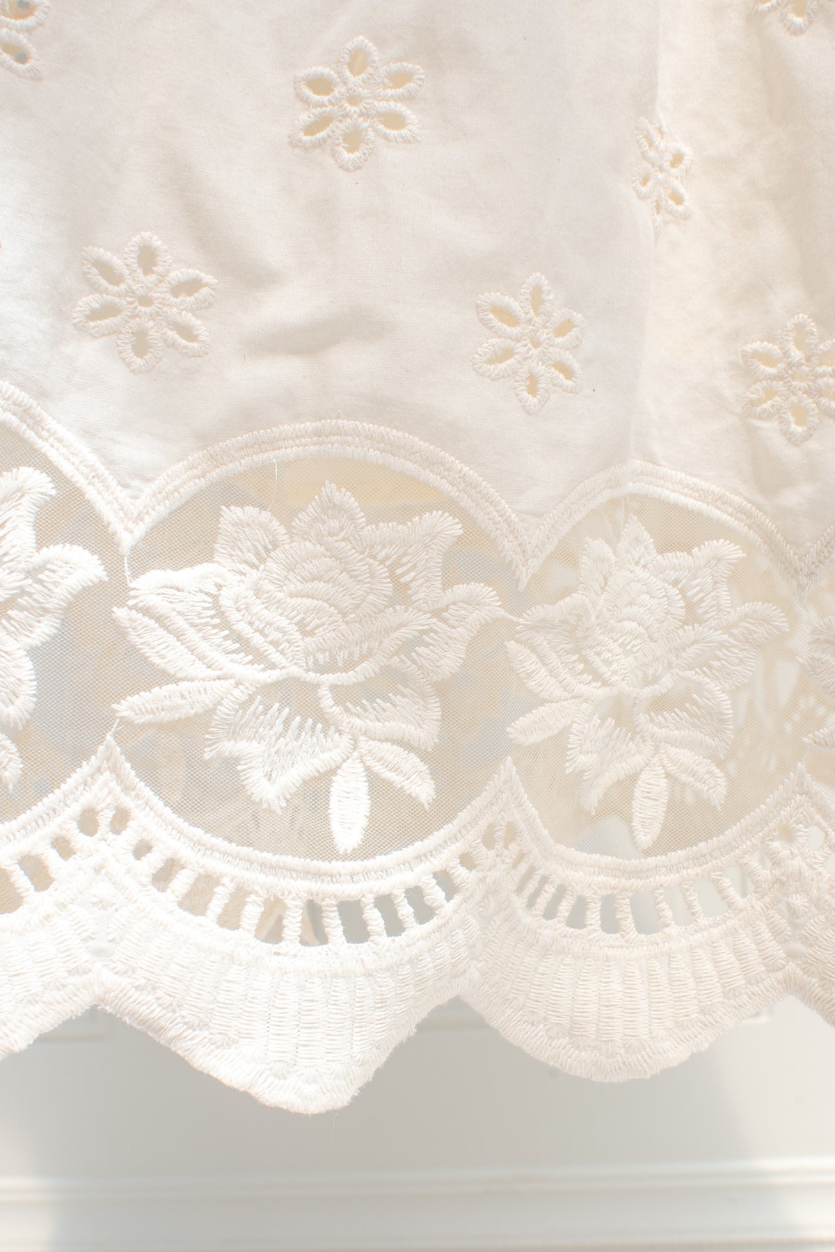 Cream cotton eyelet lace with rose cutwork clusters and close up.