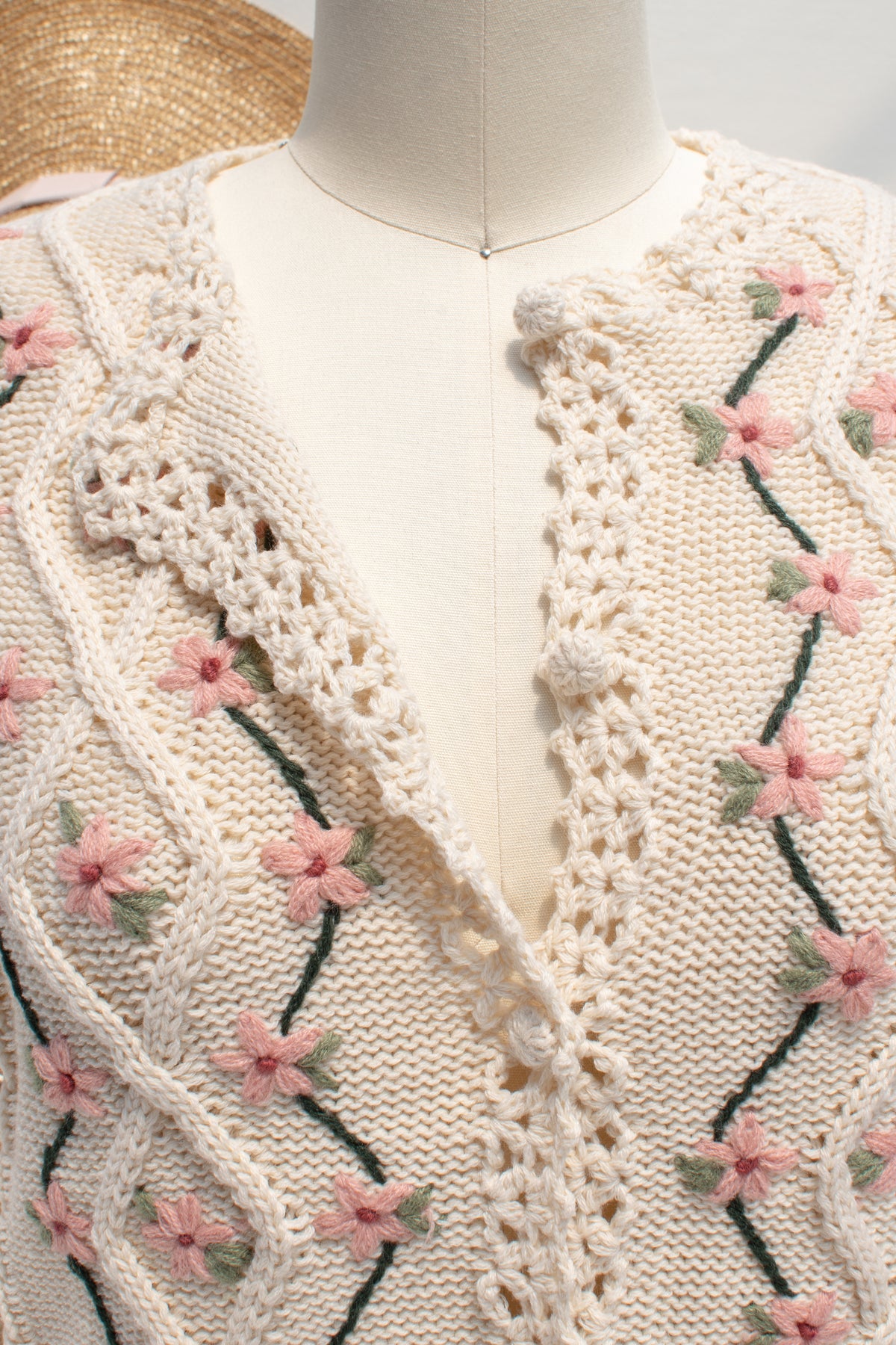 Close up of pink floral embroidery and crochet trim along the neckline of a cream knit cardigan.