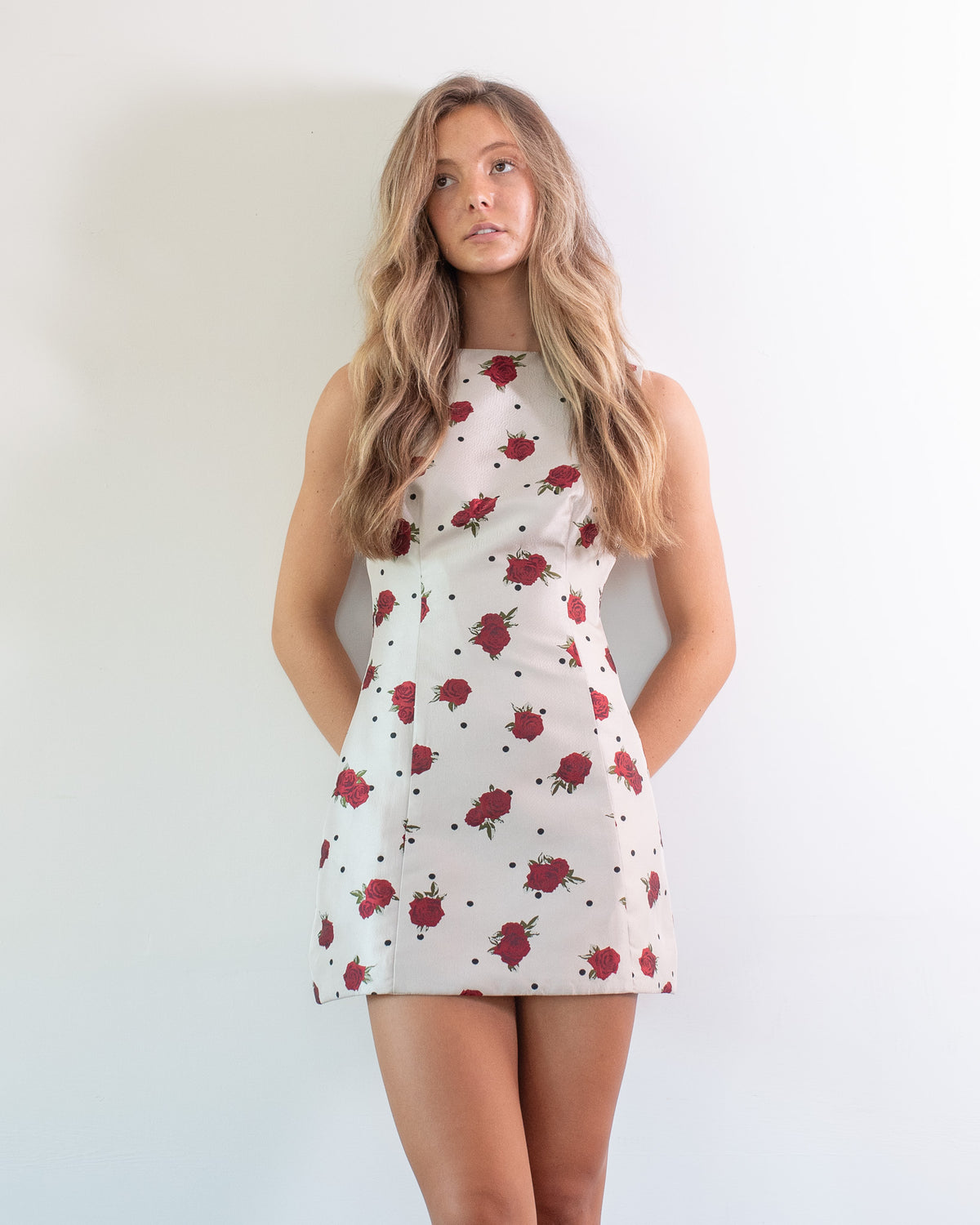 Ivory rose and polka dot mini dress with a boat neckline, feminine fitted style, worn by a model, front view.