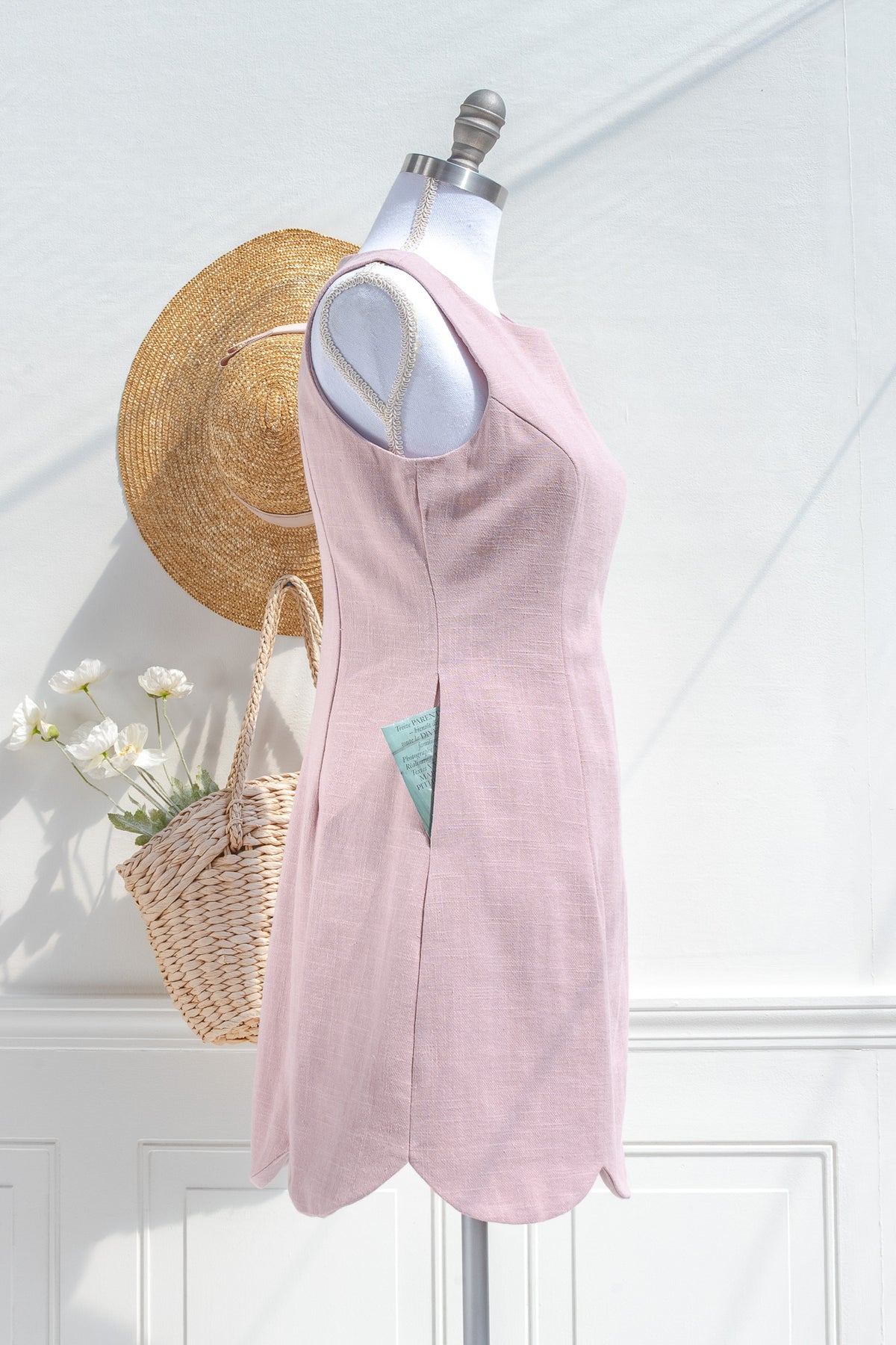 Pink linen blend mini dress with tailored silhouette — side view
