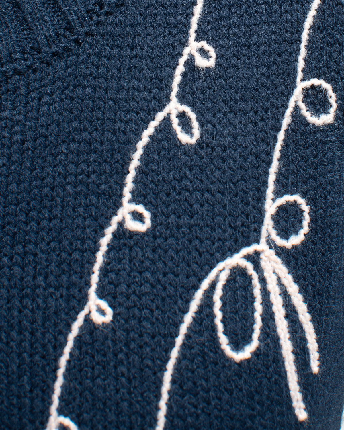 Feminine style cardigan. French girl style. Blue cardigan with whimsical bow detail embroidery. fabric and embroidery up close view. Amantine