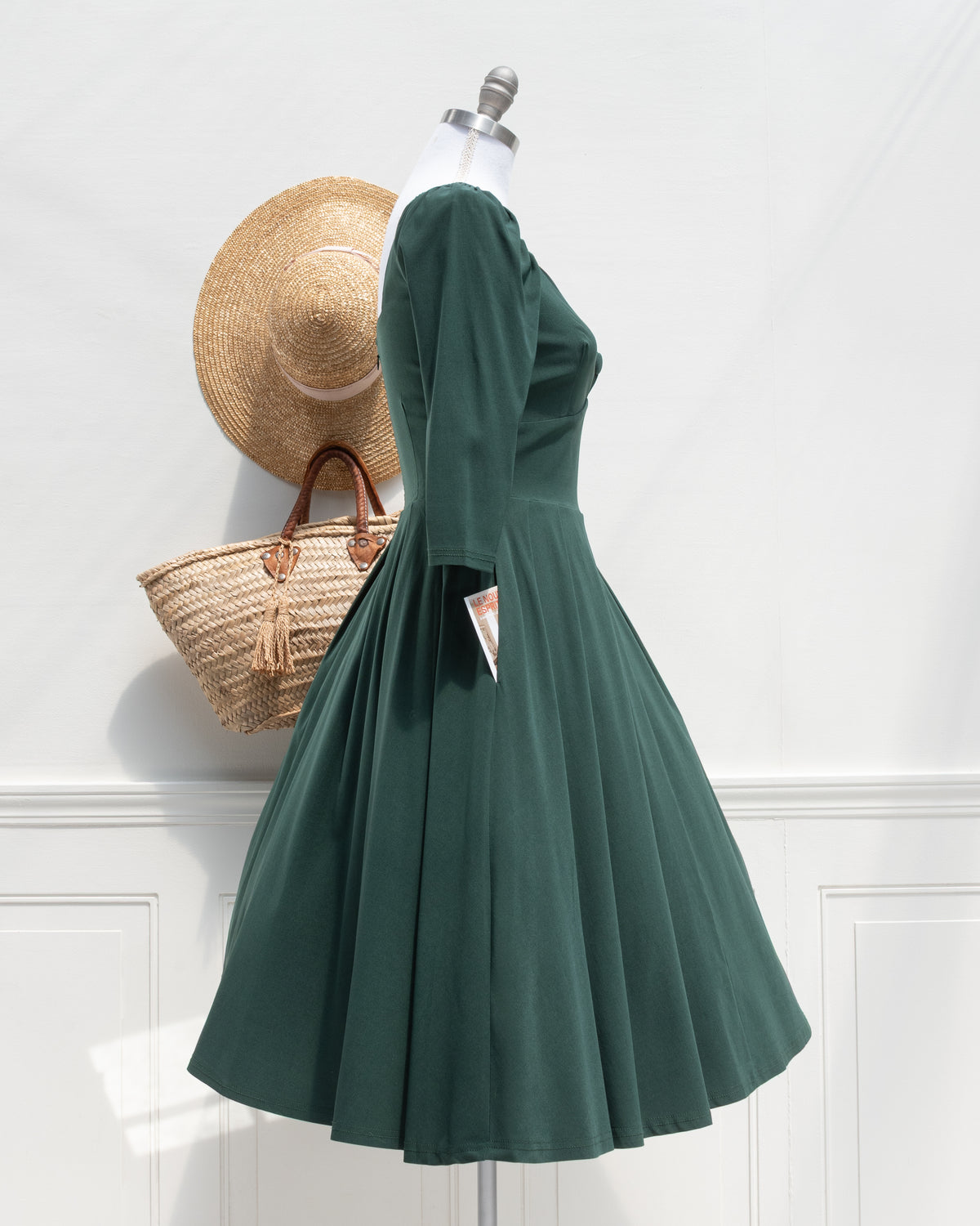 Green Retro Swing Dress. In French vintage style with modern ease featuring a sculpted sweetheart neckline, softly gathered shoulders, and a full swing skirt. side view. Amantine