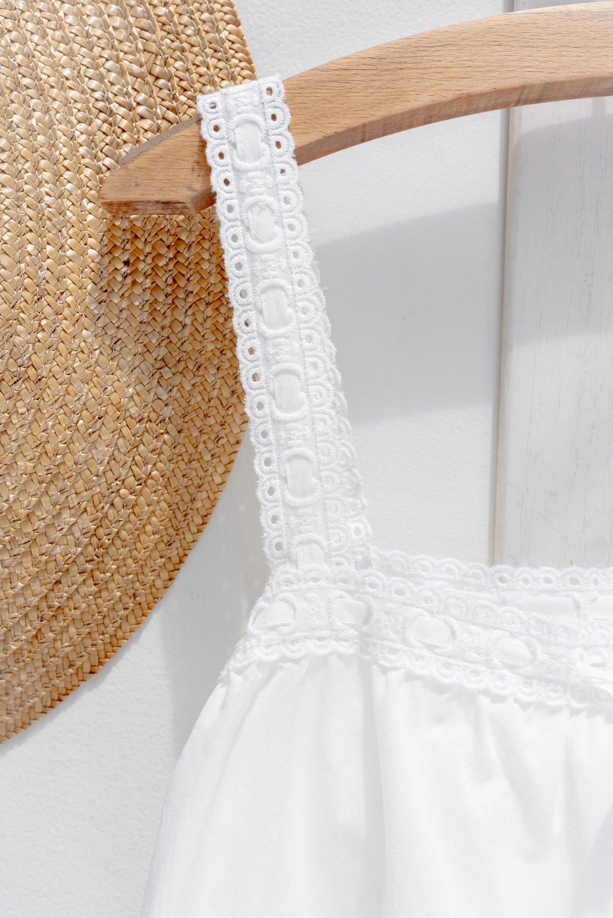 Close up of wide eyelet lace strap detail on white cotton chemise top.
