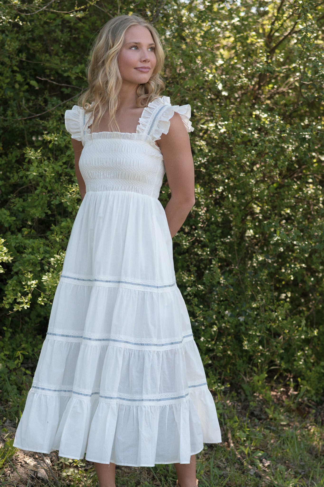 White Cotton Smocked Midi Dress  Romantic Tiered Dress | Amantine