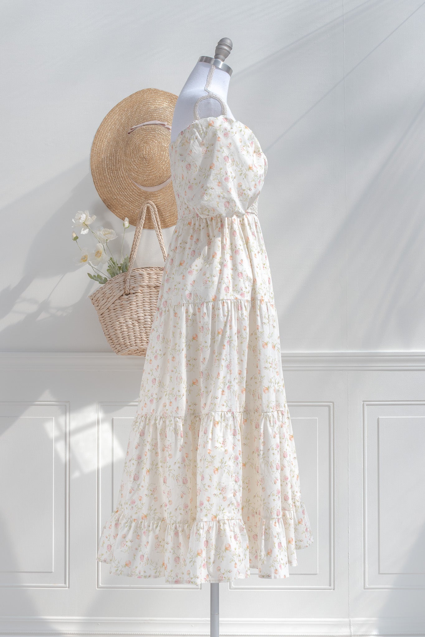 Romantic Yellow Floral Cotton Midi Dress Smocked Bodice | Amantine Romantic Yellow Floral Cotton Midi Dress Smocked Bodice | Amantine