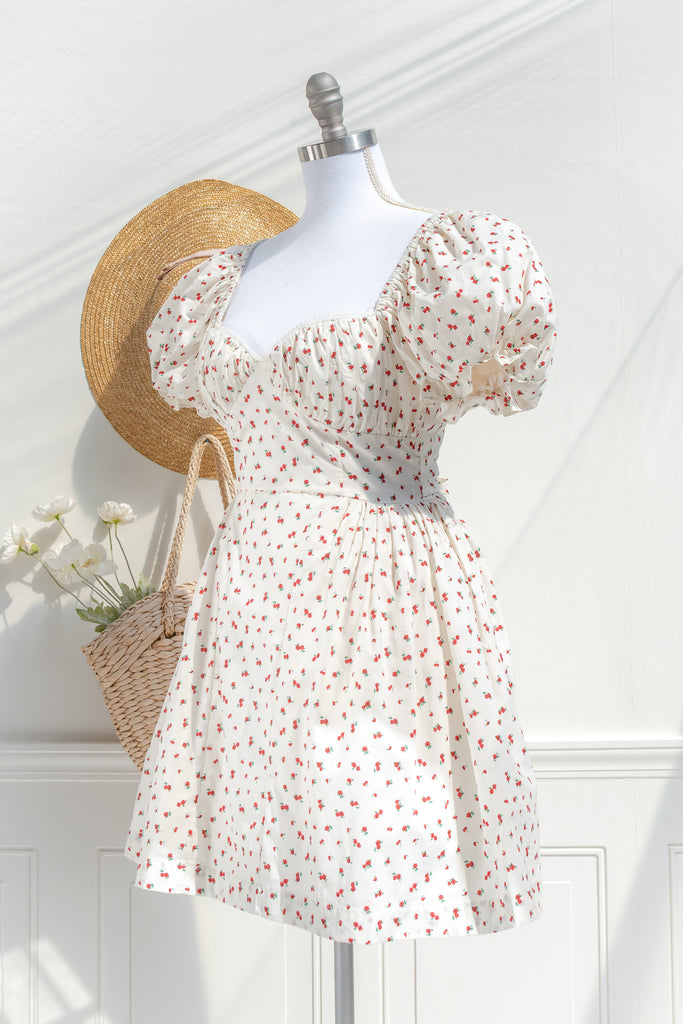 puff sleeve peasant mini dress in soft rayon Floral – Cream Rose Print with the elegance of Buy 2 get 12% off Color:Pinks Xaqiouau Women's Round Neck