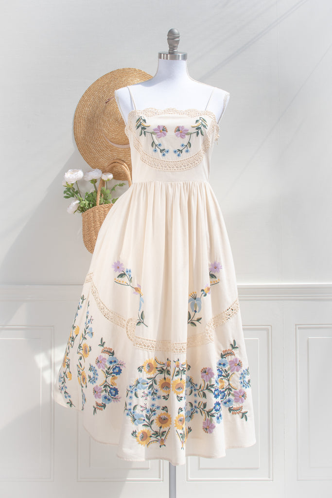 Cream Embroidered Midi Dress – Floral Cotton Lace Trim