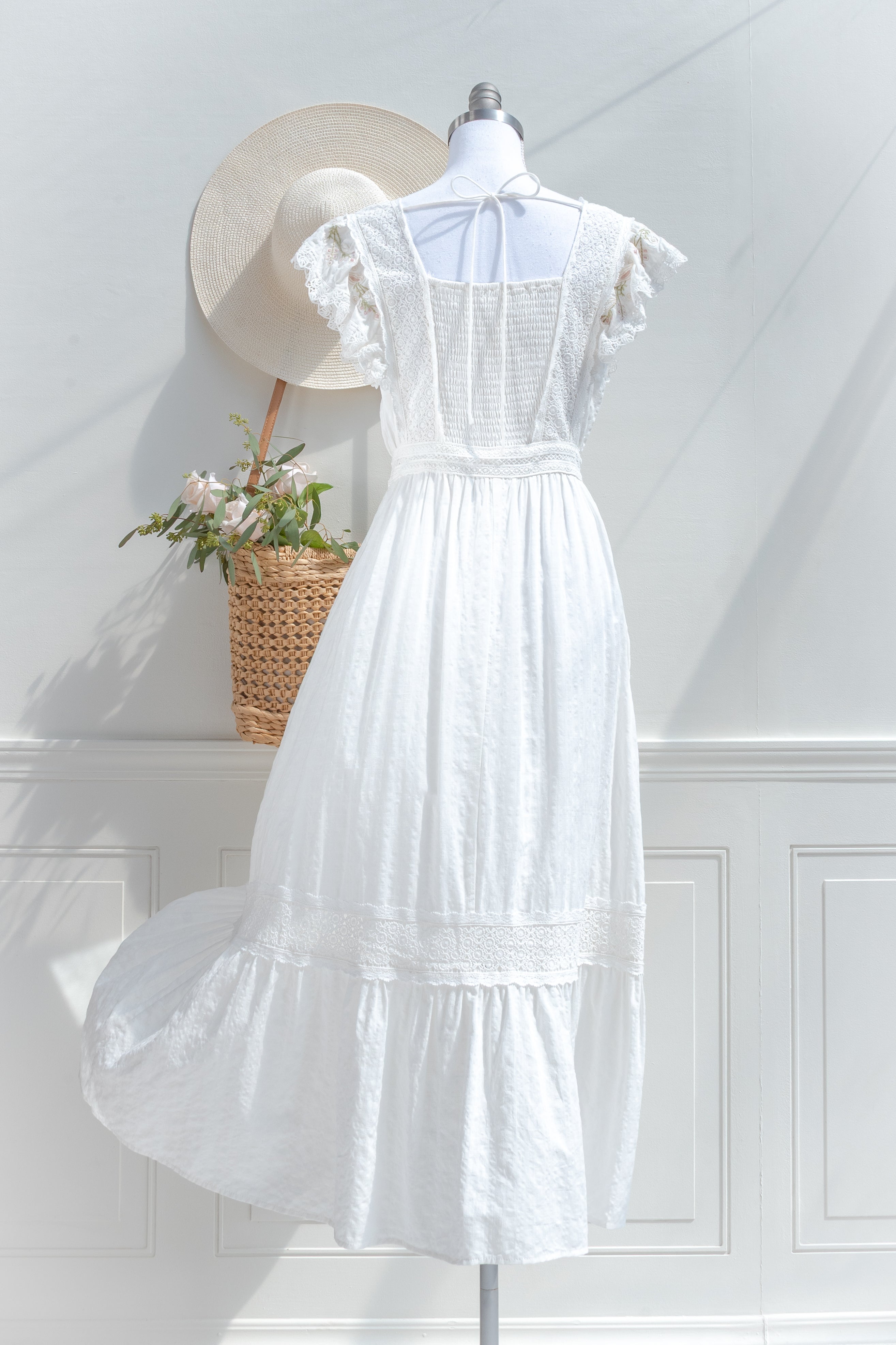 white lace peasant dress 60s white dress, cottagecore dress, empire waist dress, festival fashion, vintage 60s white swiss dot peasant dress, vintage peasant dress, womans peasant dress