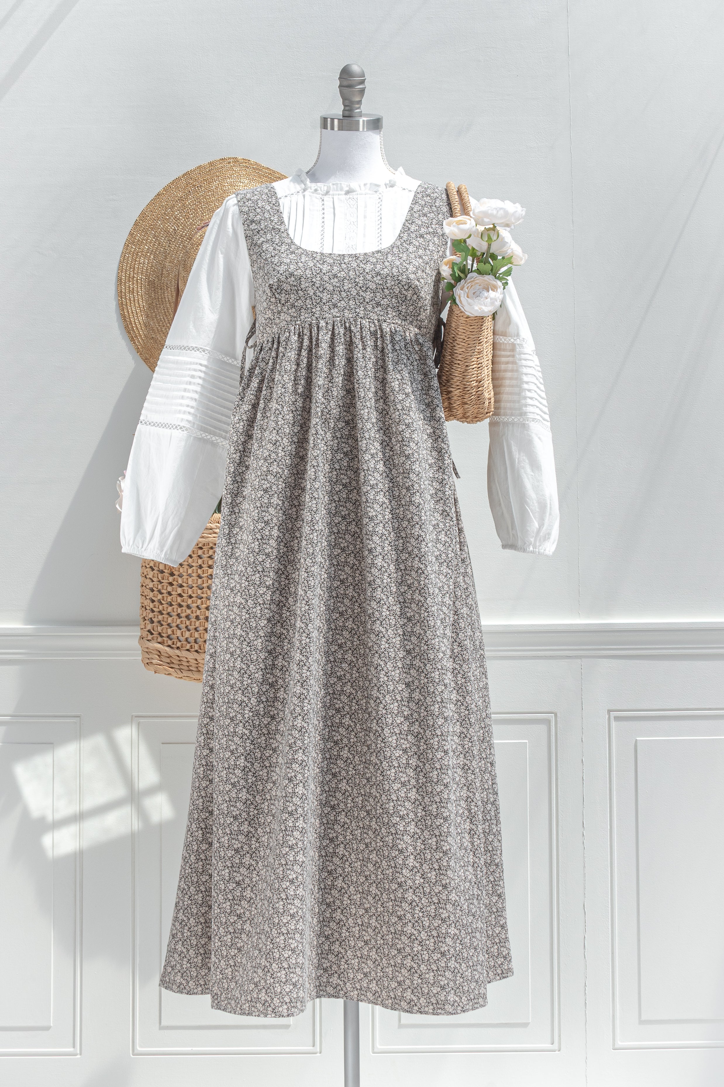 Cotton Pinafore Apron Dress Charcoal Floral | Amantine Cotton Pinafore Apron Dress Charcoal Floral | Amantine