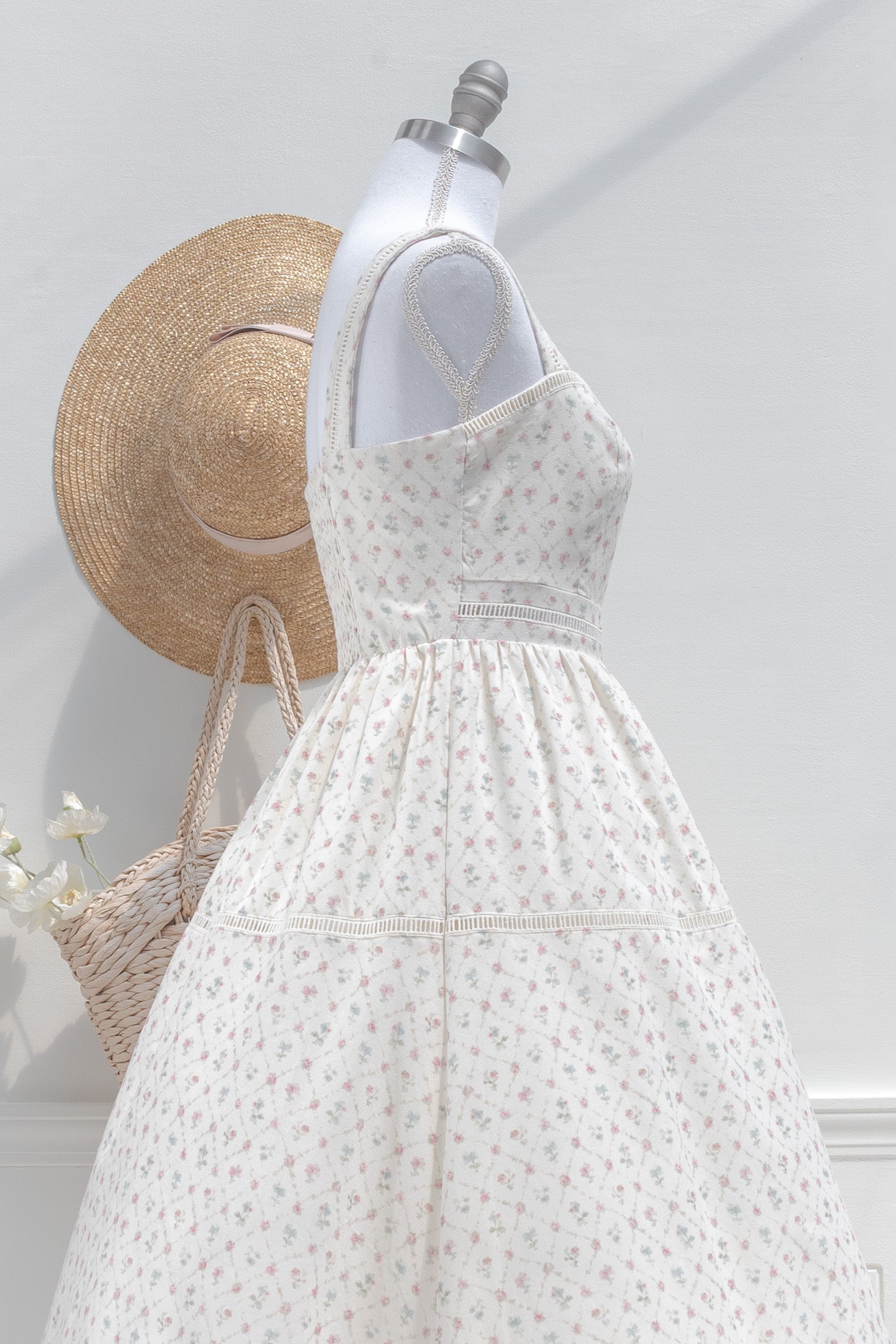 Cream Cotton Floral Midi Dress – Lace Trim Square Neckline