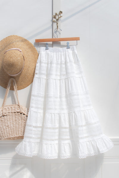 White Cotton Lace Tiered Midi Skirt – A-Line Elastic Waist Ruffle