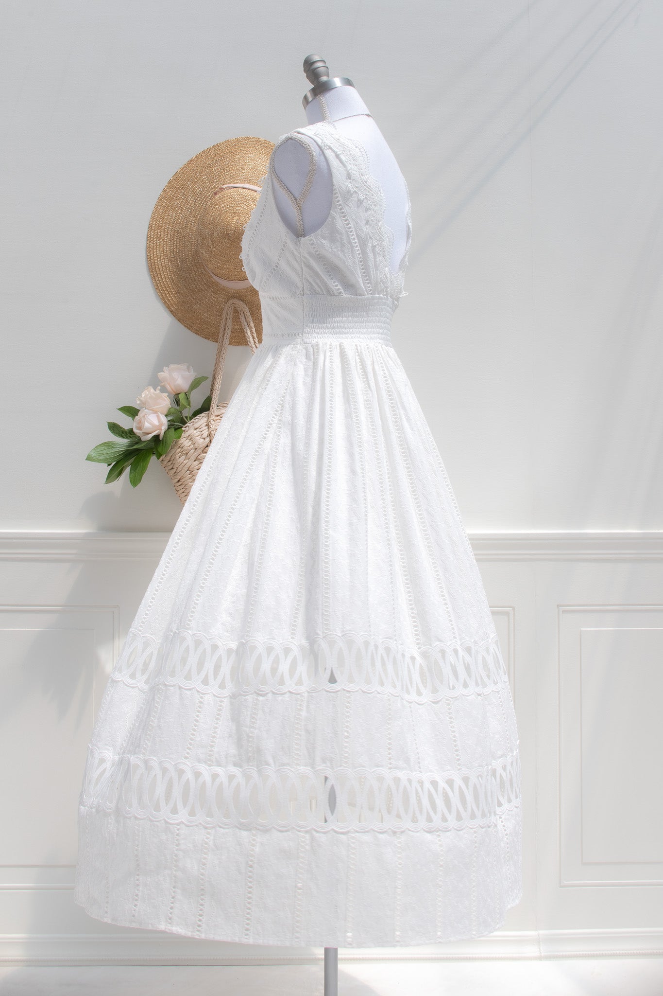 The Gabrielle Dress | White Eyelet Lace Midi Dress