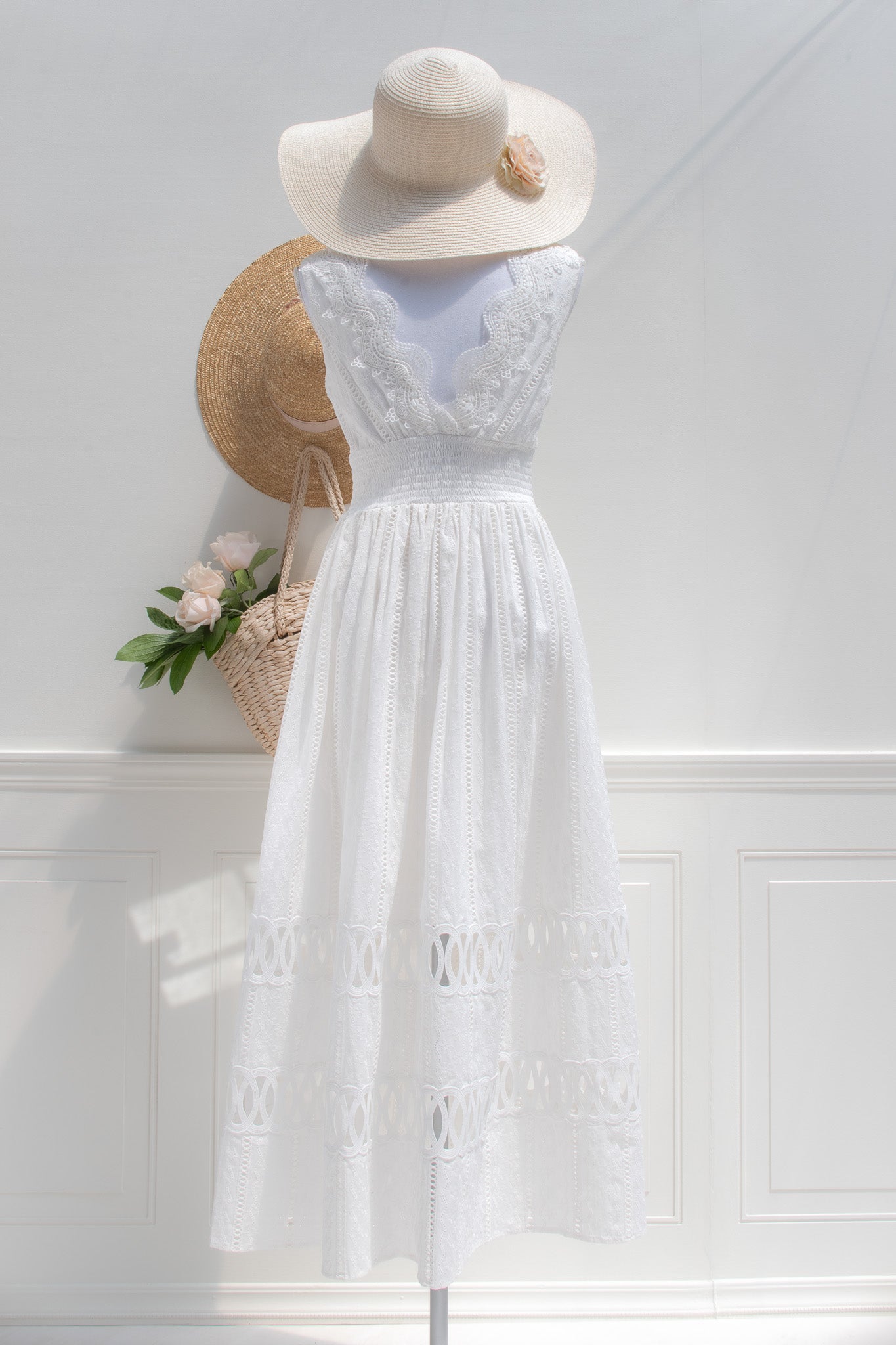 The Gabrielle Dress | White Eyelet Lace Midi Dress