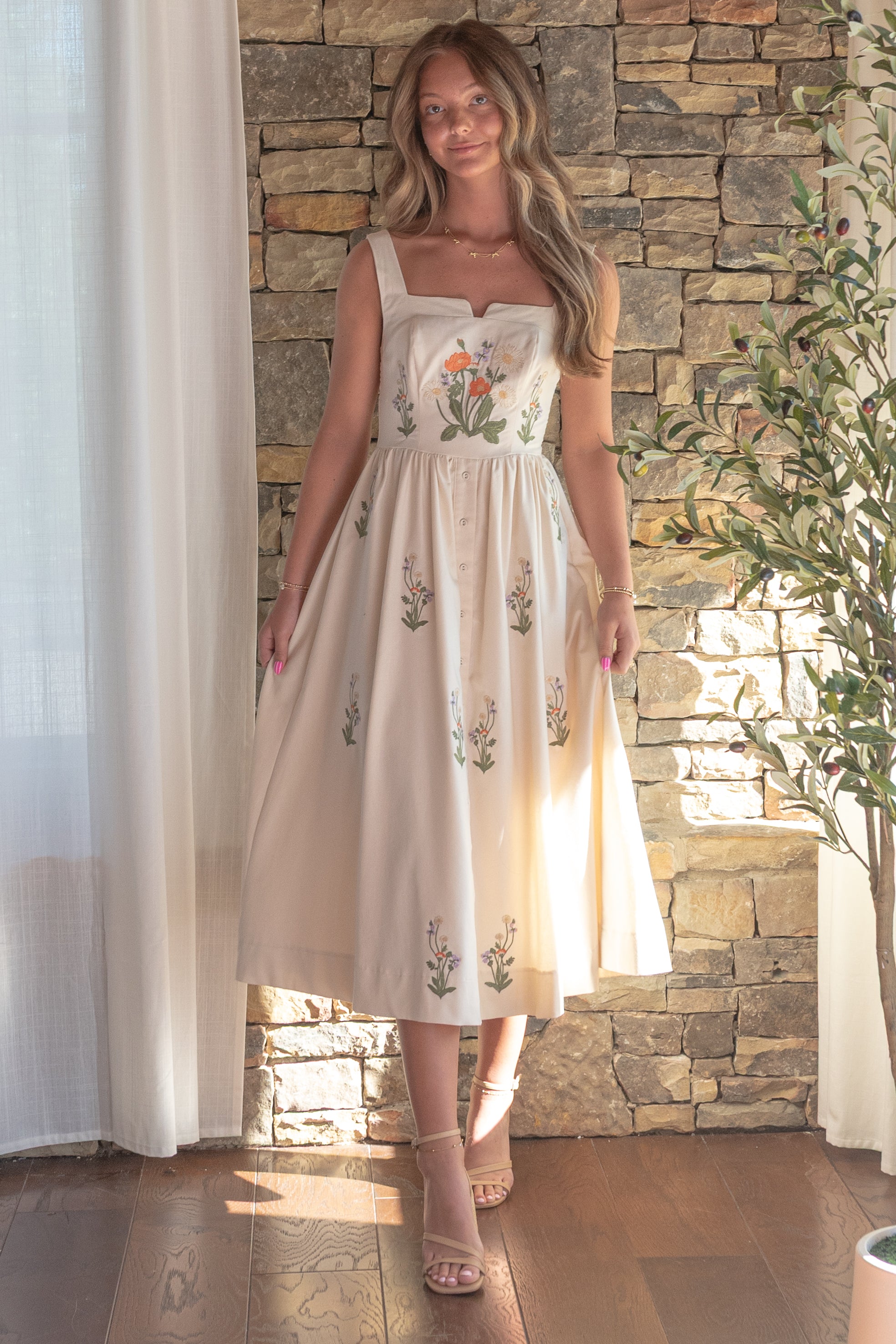 Cream Cotton Embroidered Midi Dress – Floral Botanical Button Front