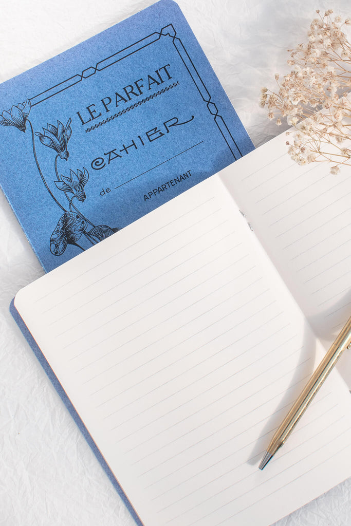 french and vintage style notebook in blue cover and lined sheets. 