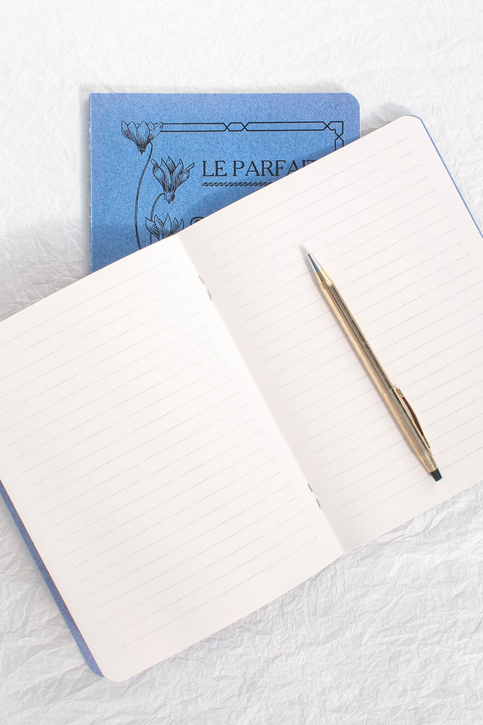 french and vintage style notebook in blue cover and lined sheets. 