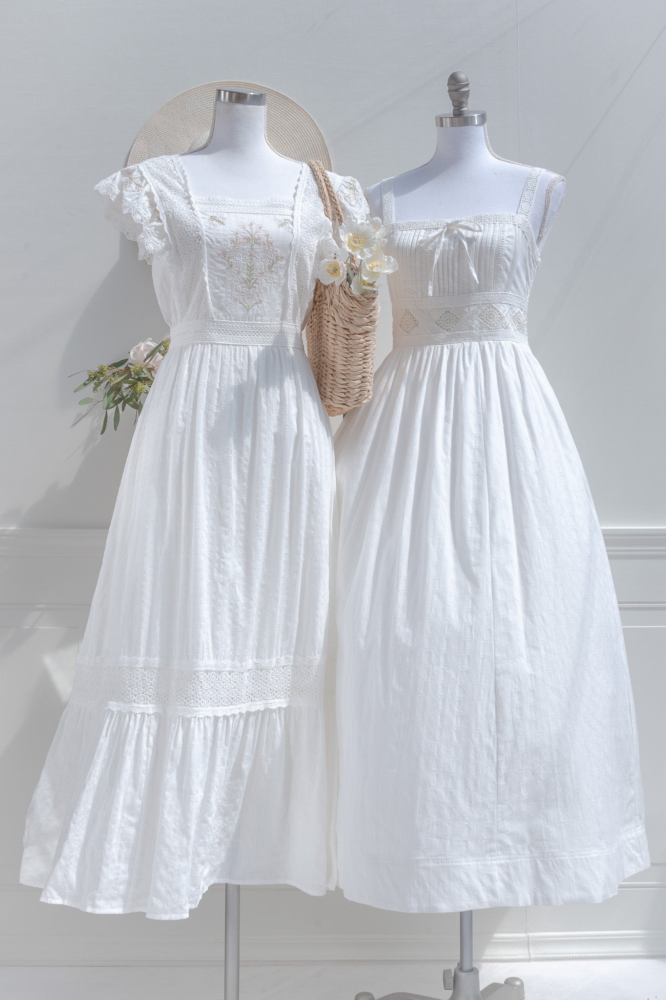 White Cotton Lace Midi Dress – Ruffle Strap Romantic Dress