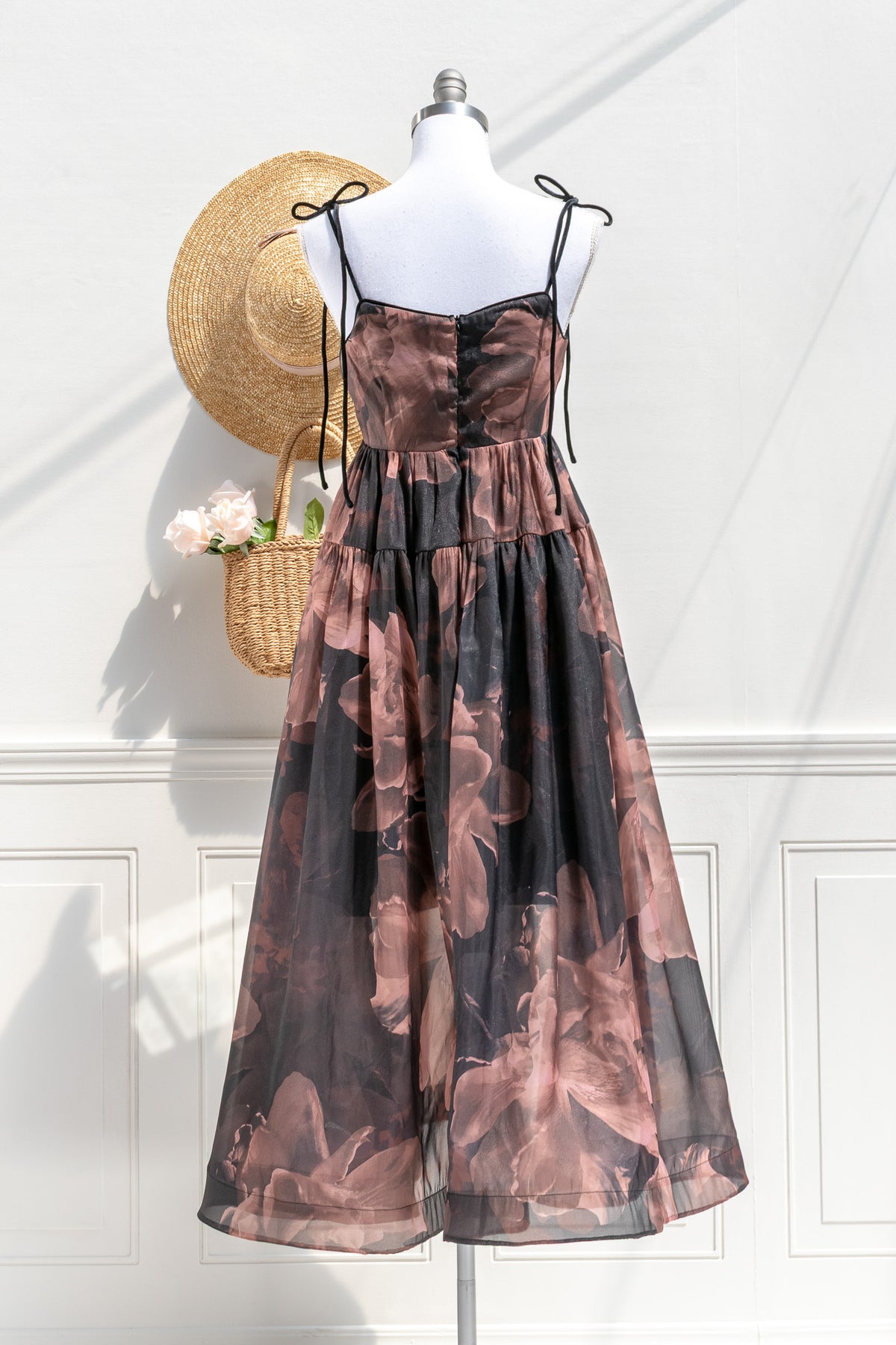 Delaney tie-shoulder organza midi — back view with bow ties and fluid skirt