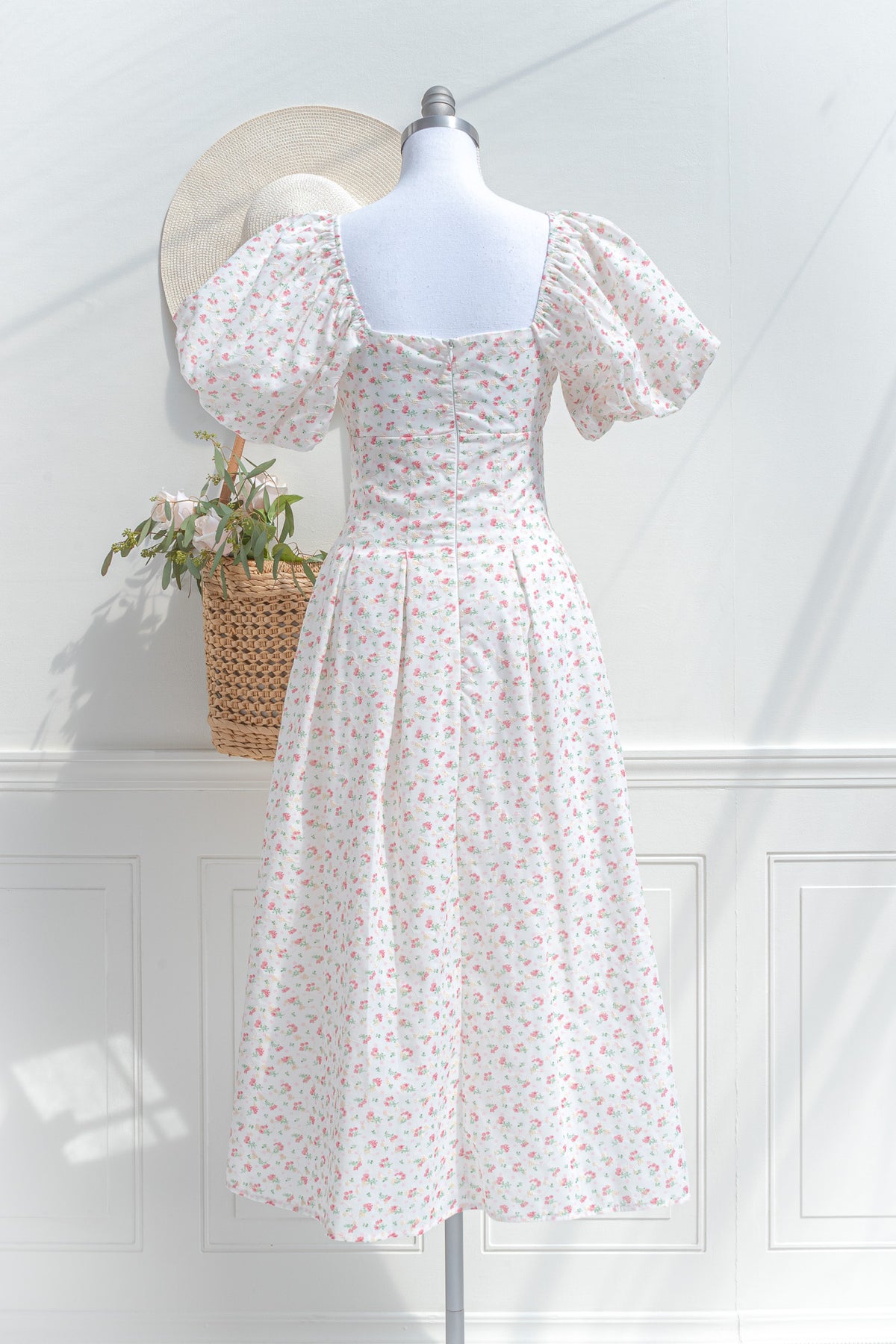 Floral midi dress with gathered neckline and tie detail back view