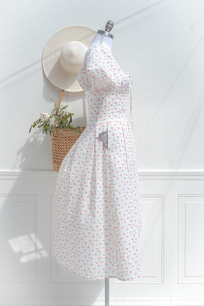 Floral Cotton Midi Dress – Puff Sleeve Tie Neck