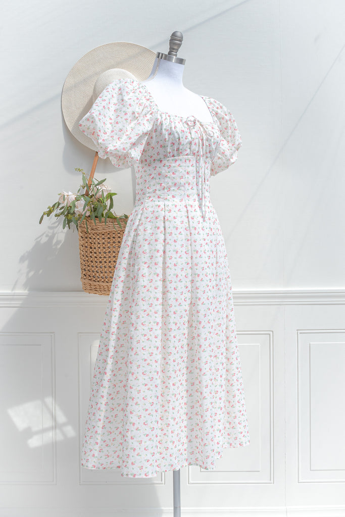 Floral Cotton Midi Dress – Puff Sleeve Tie Neck