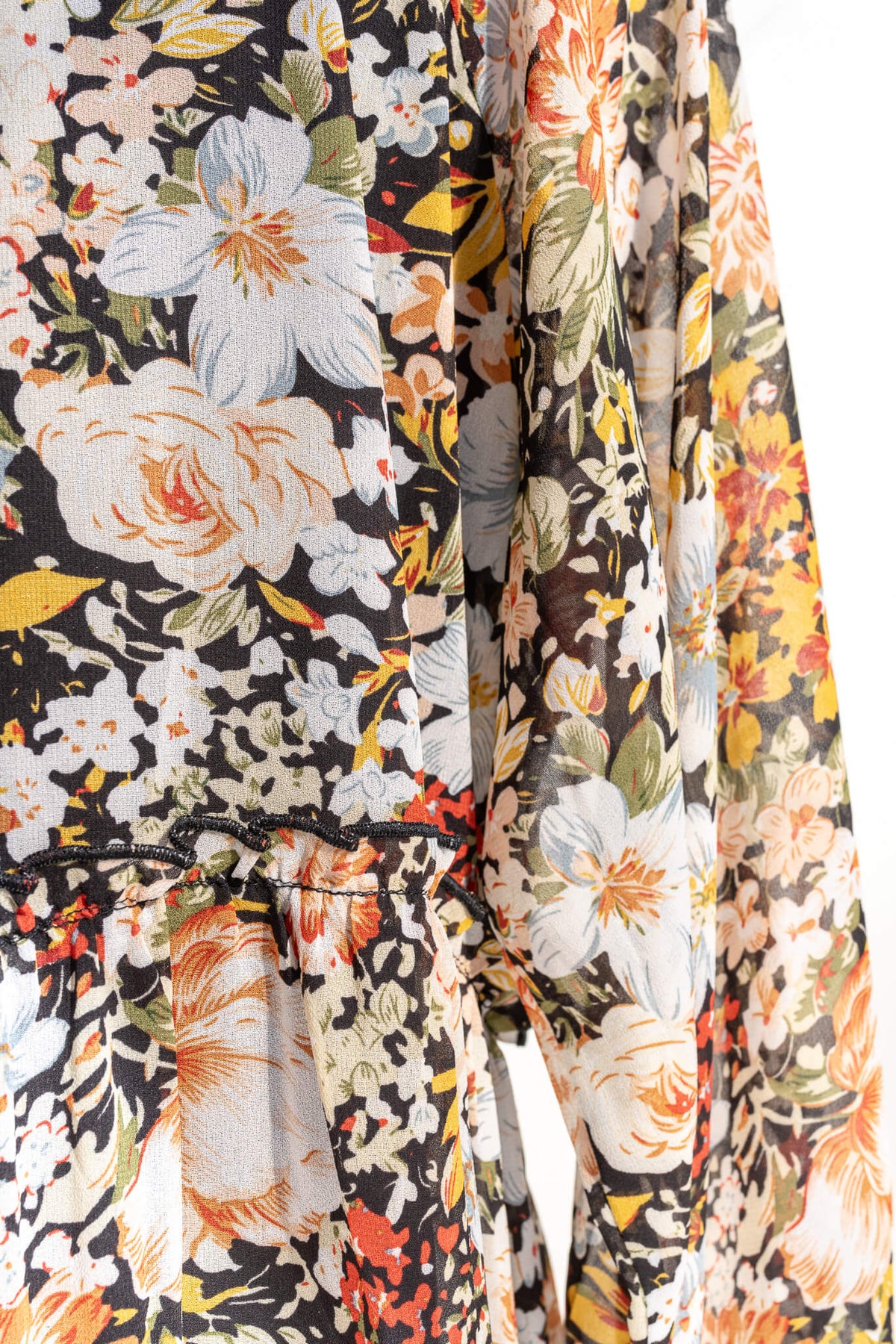 Autumn-toned floral chiffon print — black multi palette on the Jardin d’Automne dress