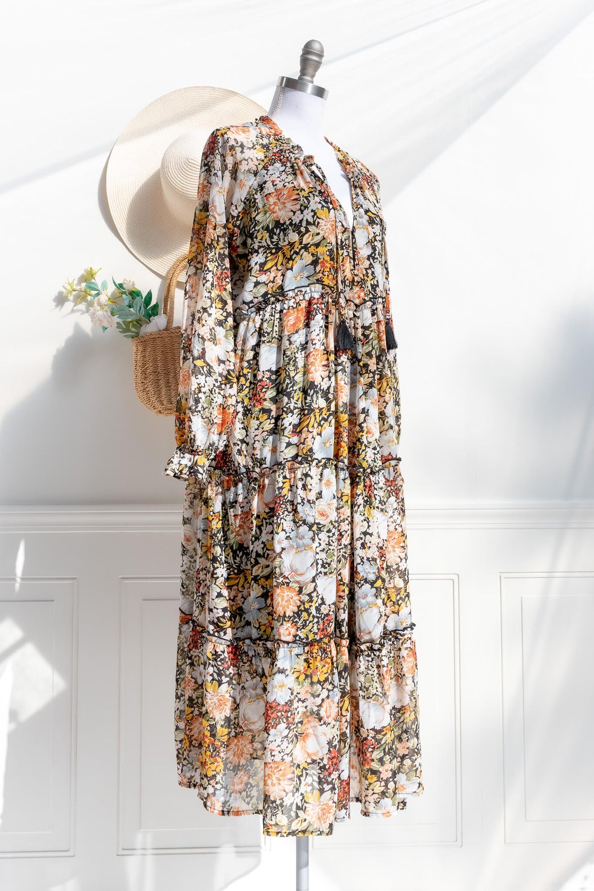 Jardin d’Automne dress — 3/4 view showing elastic waist and flowing tiered skirt
