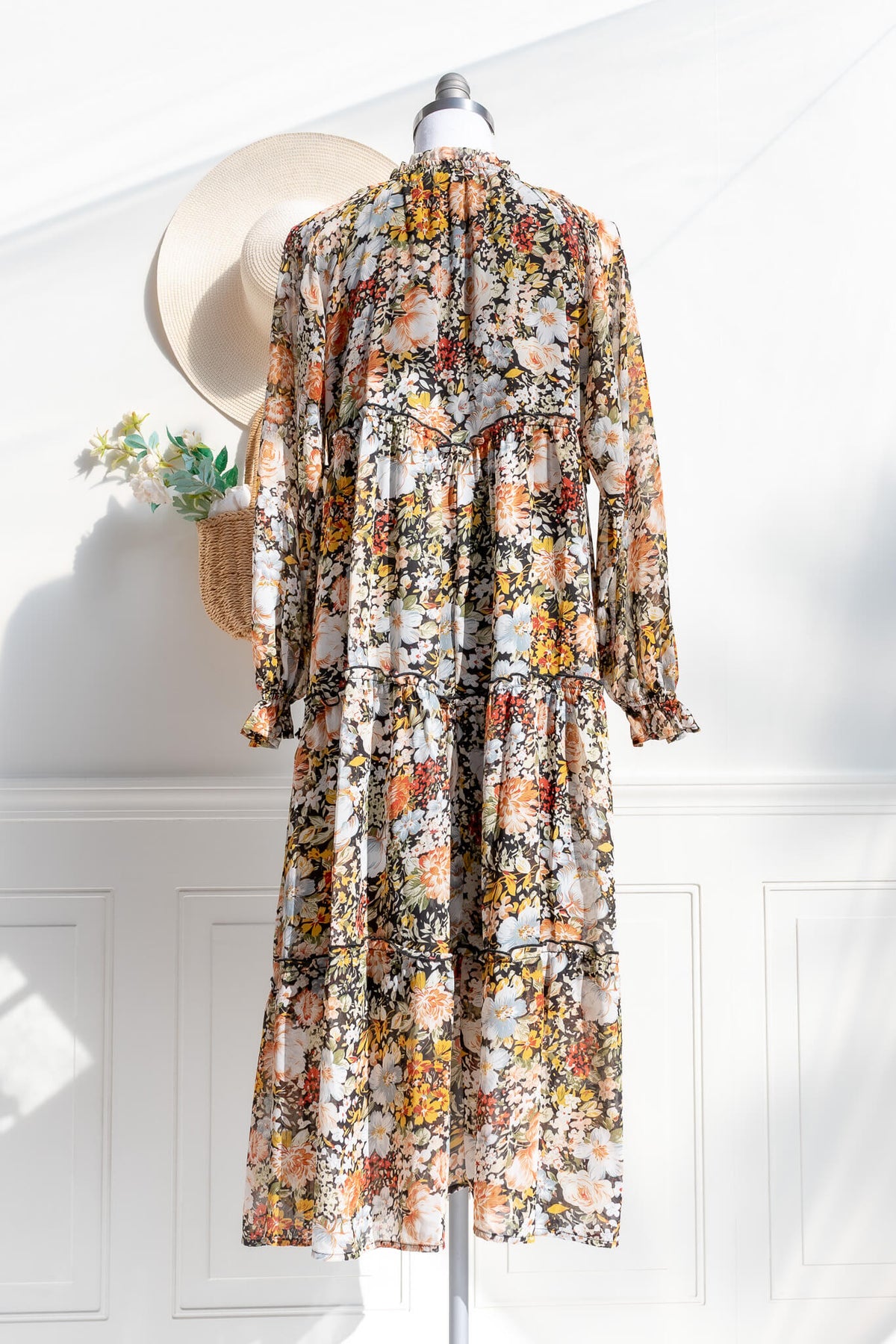 Jardin d’Automne dress — back view with softly gathered tiers