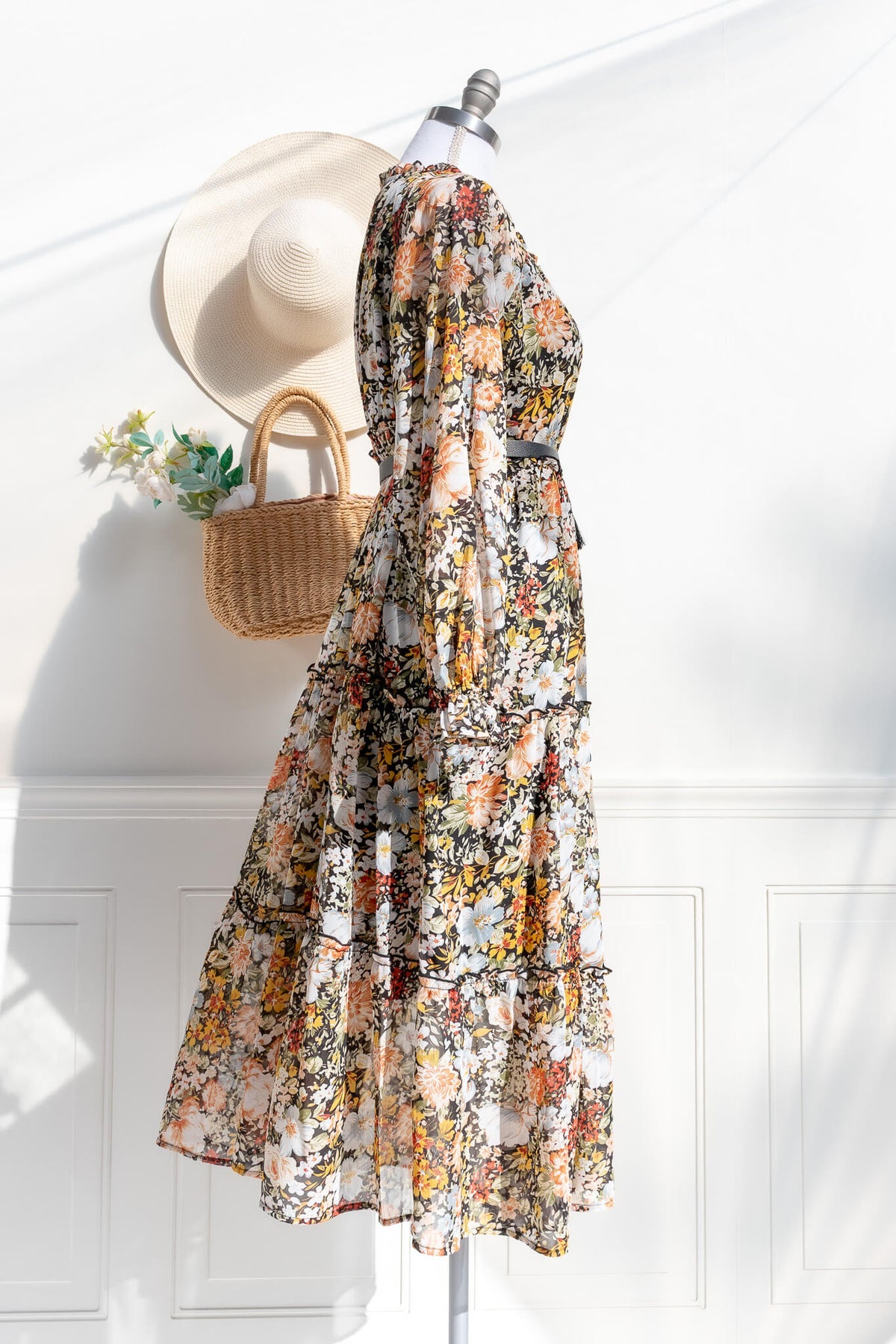 Jardin d’Automne floral midi — side view highlighting sheer chiffon and movement