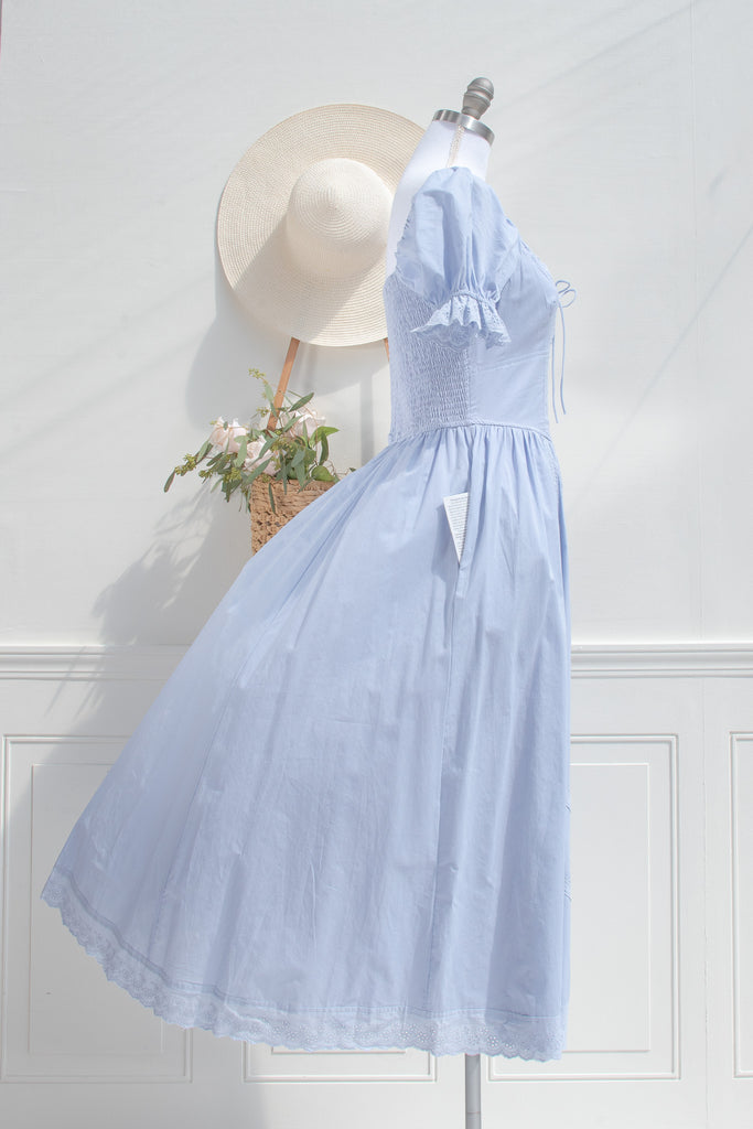 blue cotton maxi dress Blue Cotton Maxi Dress – Tie Front Lace Eyelet