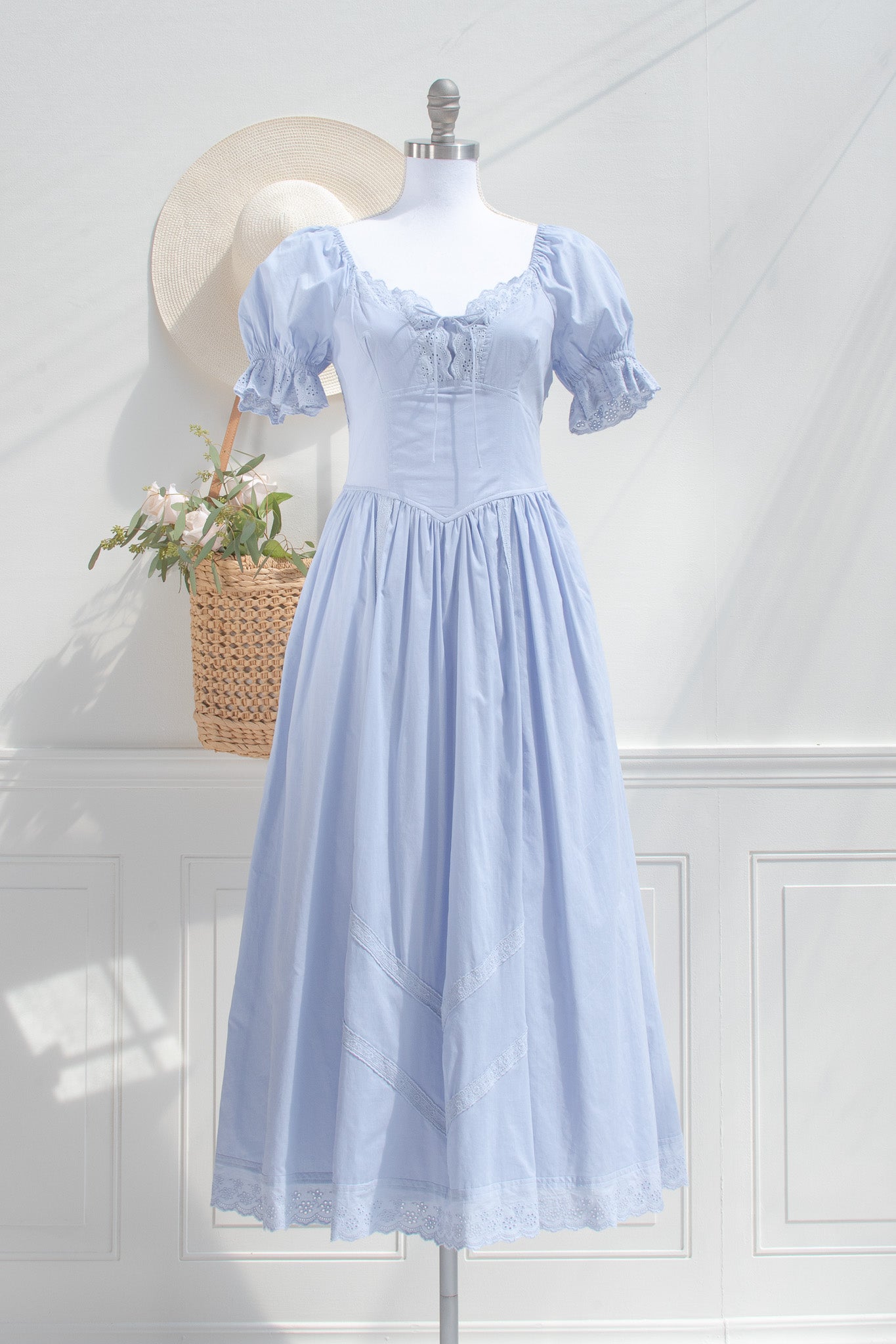 Blue Cotton Maxi Dress – Tie Front Lace Eyelet
