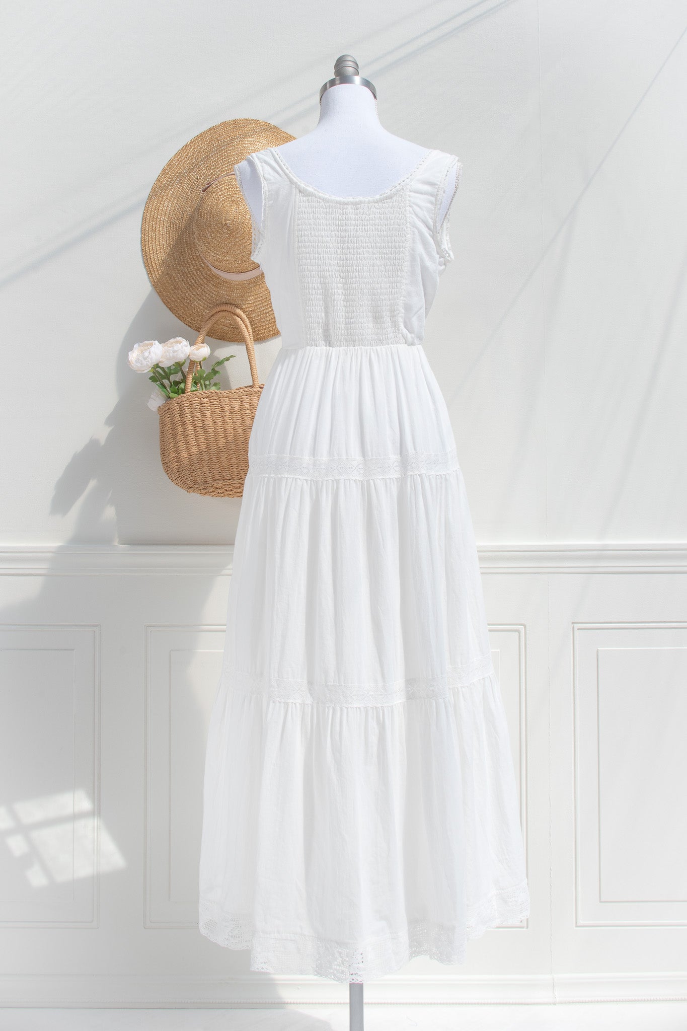 White Cotton Midi Dress Corset Bodice Lace Trim | Amantine Medium White Cotton Midi Dress Corset Bodice Lace Trim | Amantine Medium