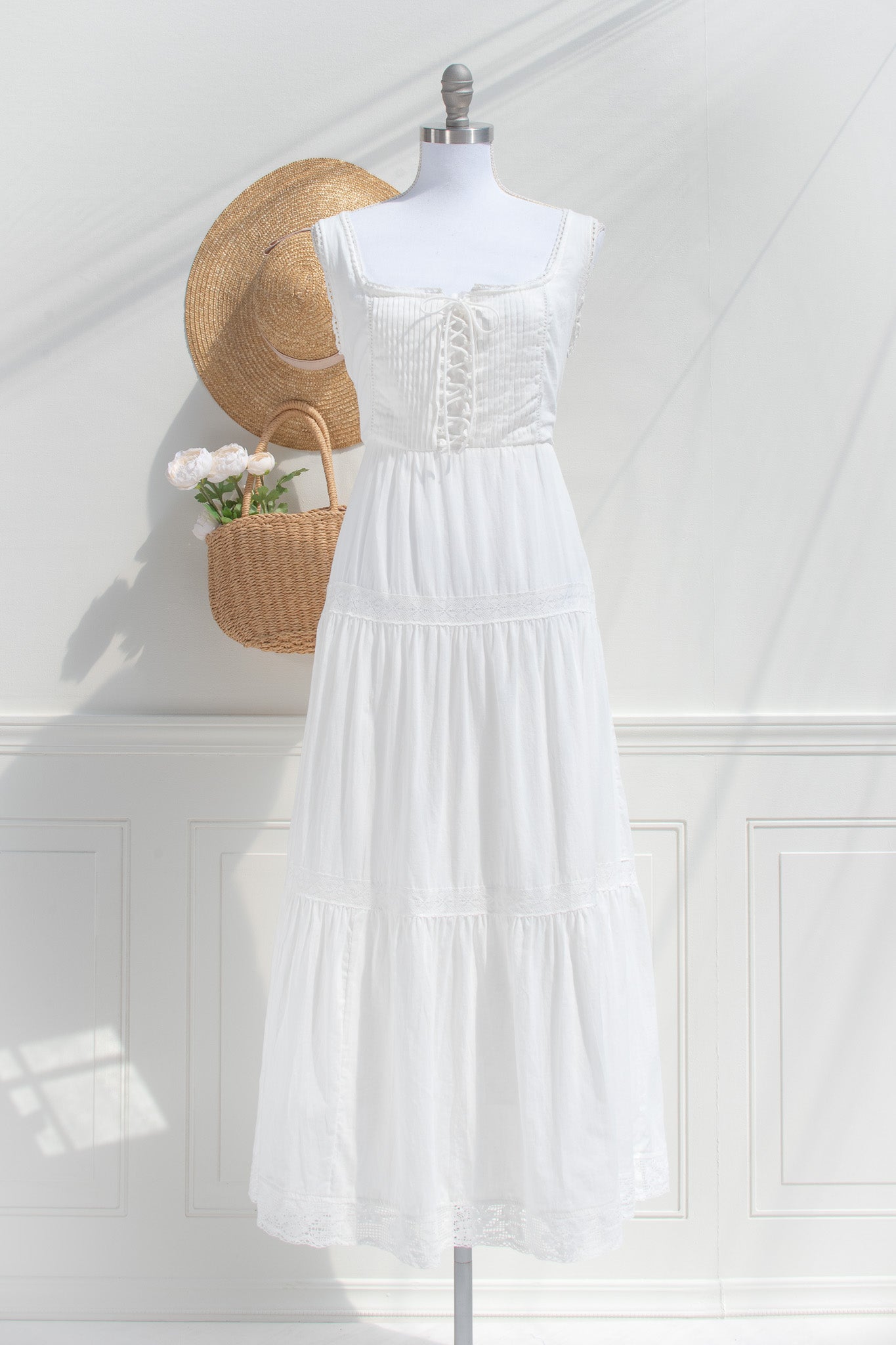White Cotton Midi Dress Corset Bodice Lace Trim | Amantine Medium White Cotton Midi Dress Corset Bodice Lace Trim | Amantine Medium