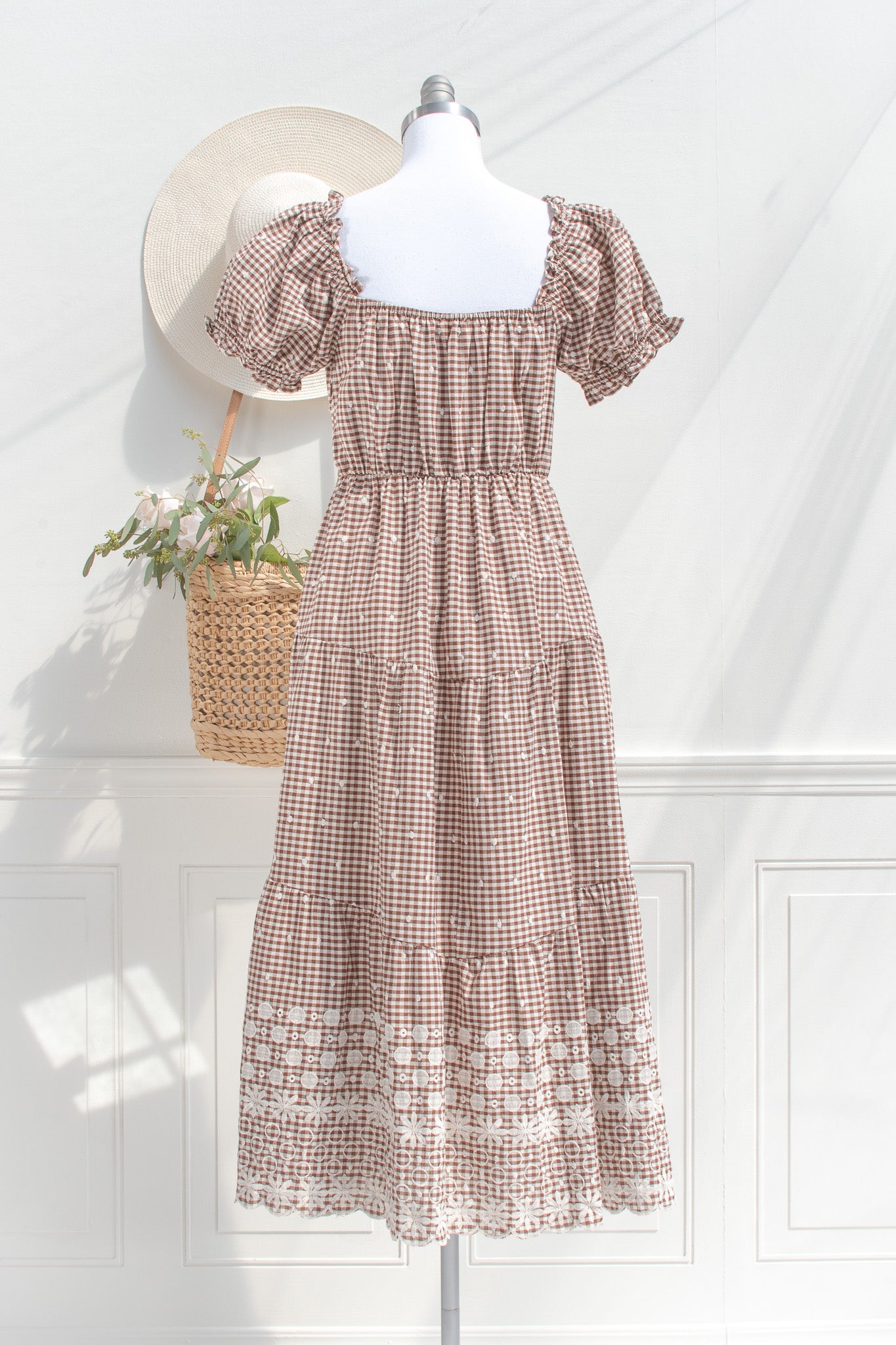 Brown Gingham Midi Dress Puff Sleeve Scalloped Hem | Amantine Small Brown Gingham Midi Dress Puff Sleeve Scalloped Hem | Amantine Small