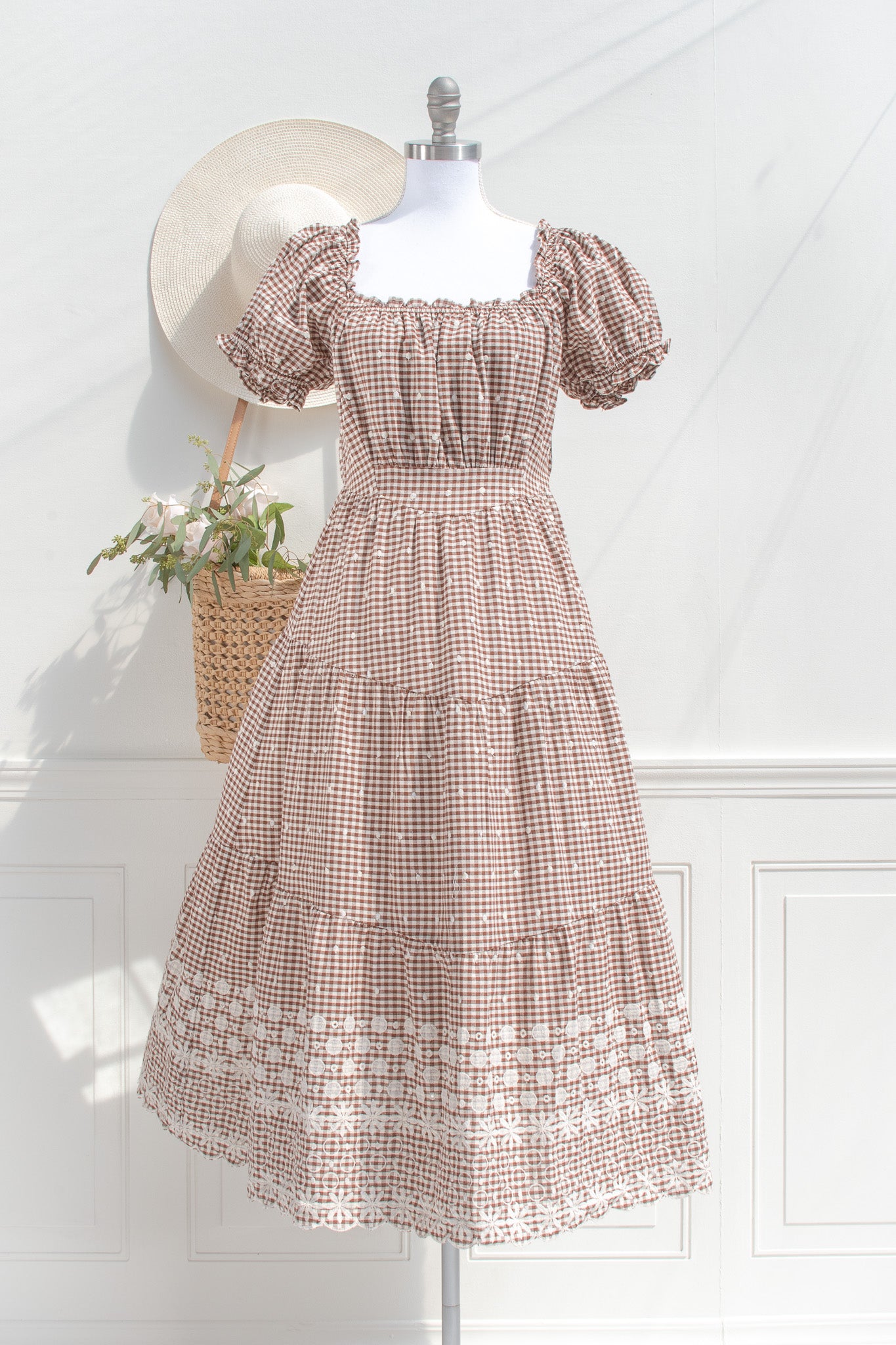 Brown Gingham Midi Dress Puff Sleeve Scalloped Hem | Amantine Brown Gingham Midi Dress Puff Sleeve Scalloped Hem | Amantine