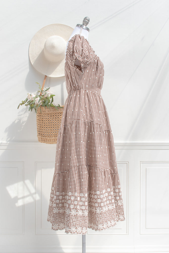 beige gingham midi dress Brown Gingham Midi Dress – Puff Sleeve Scalloped Hem