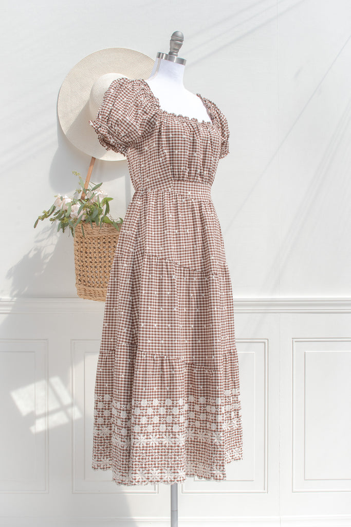 gingham midi dress short sleeve Brown Gingham Midi Dress – Puff Sleeve Scalloped Hem