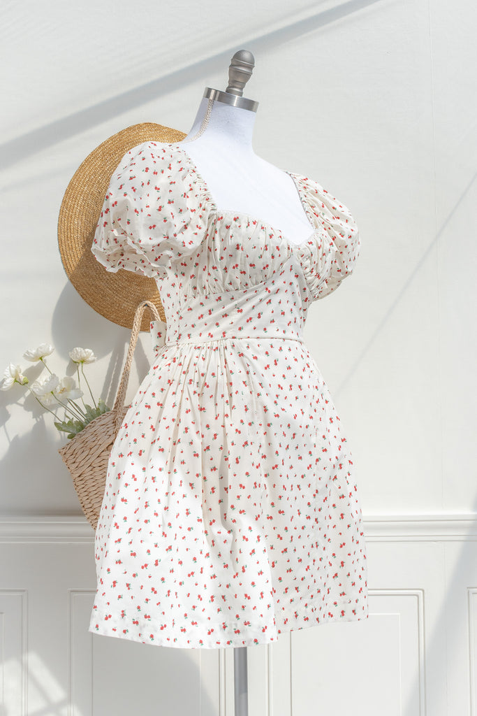 Floral Rayon Mini Dress – Cream Rose Print Puff Sleeve