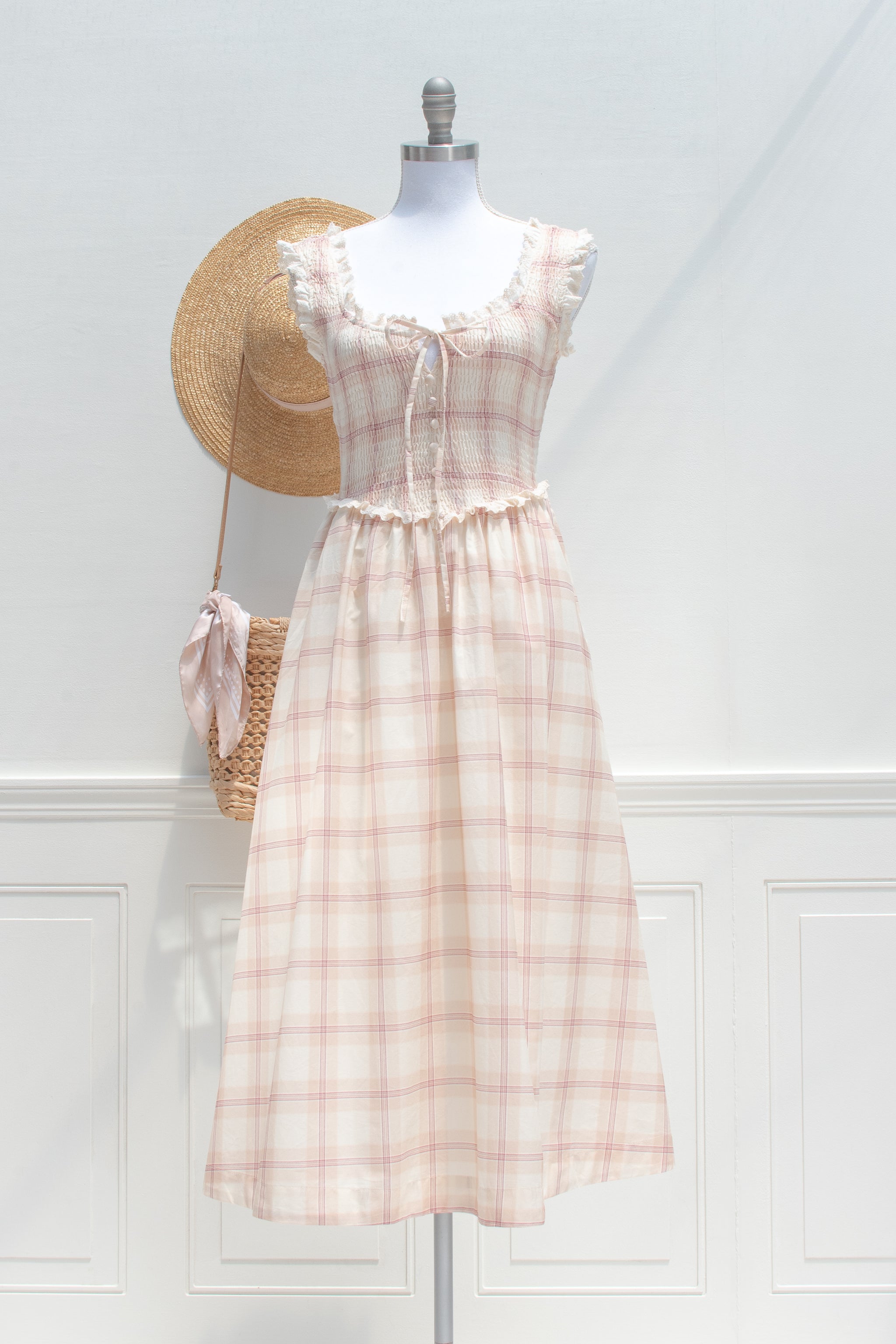 Beige Plaid Cotton Smocked Midi Dress - Maeve