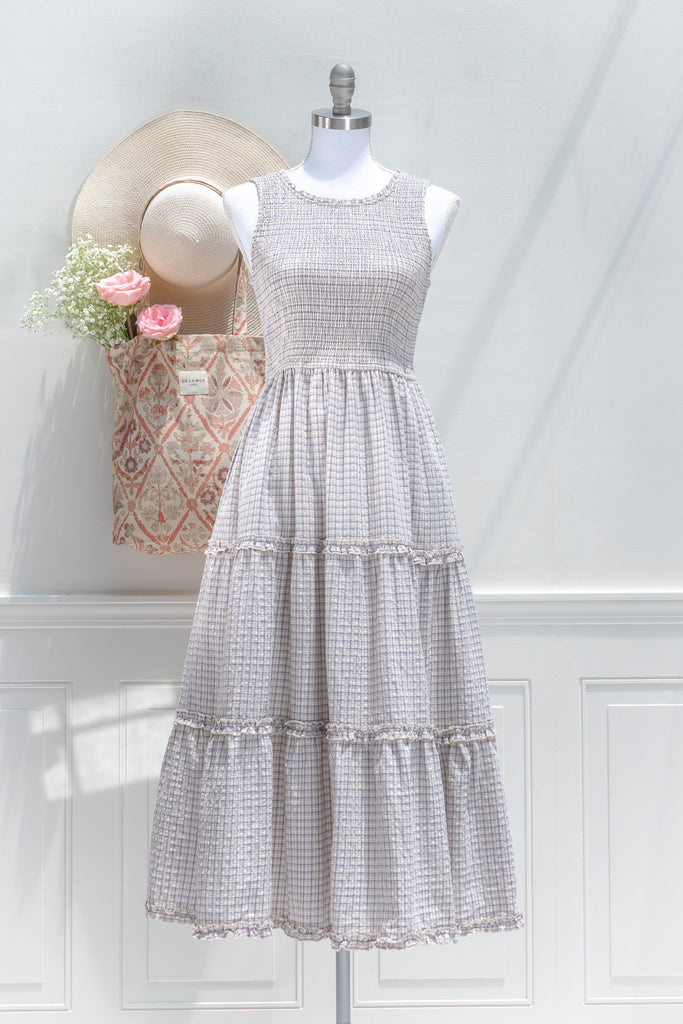 french romantic style dresses - blue gingham dress for summer. front view. 