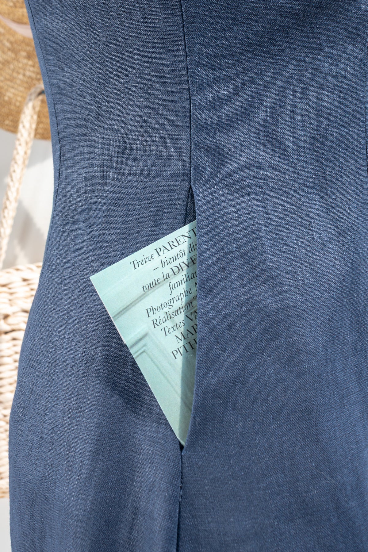 pocket detail on linen french style dress
